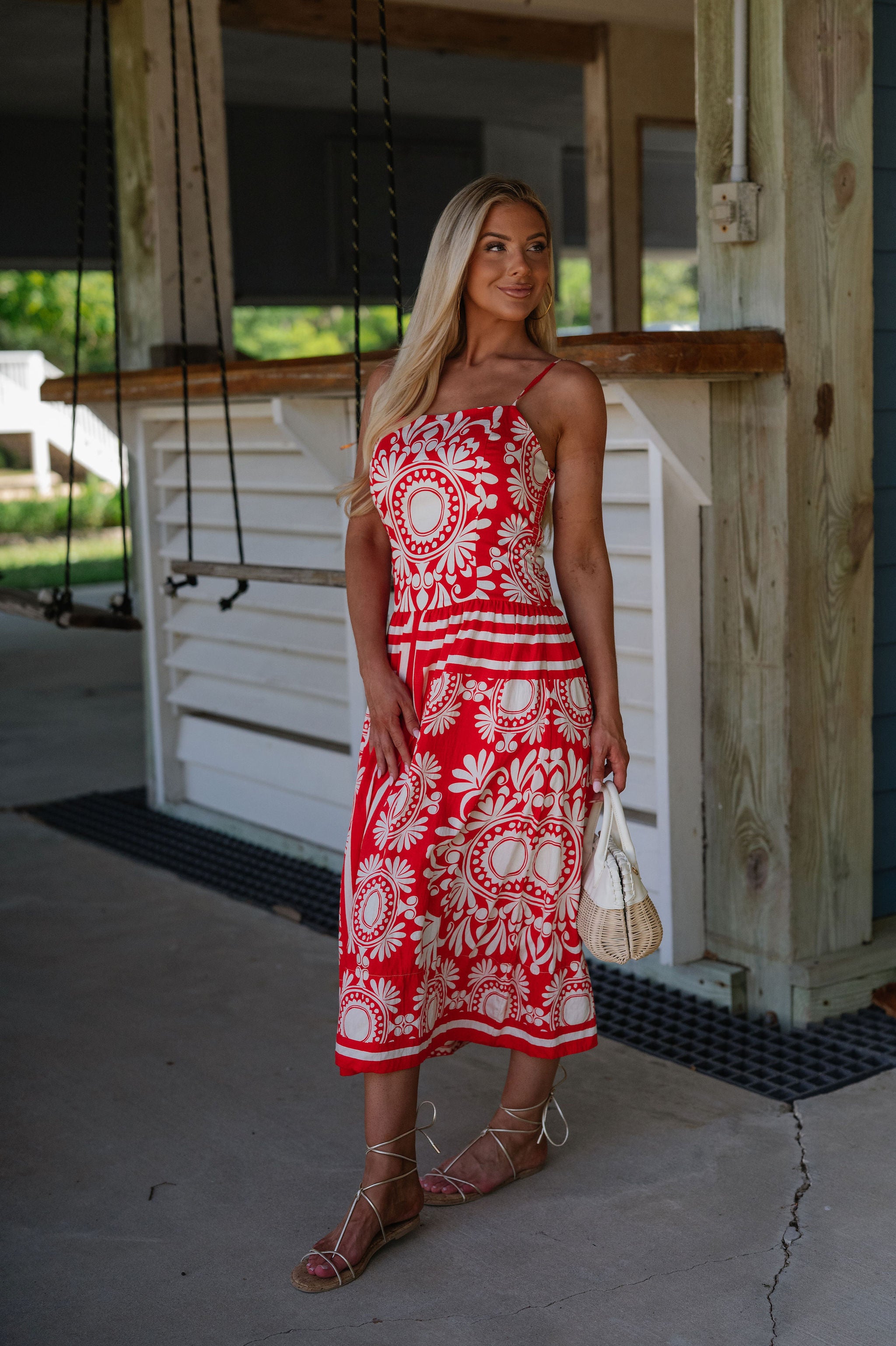 Josephine Midi Dress-Red/Ivory