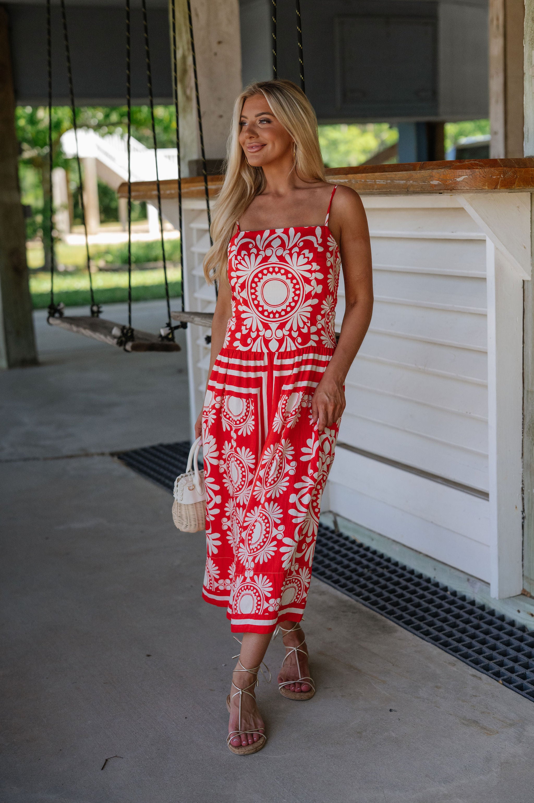 Josephine Midi Dress-Red/Ivory