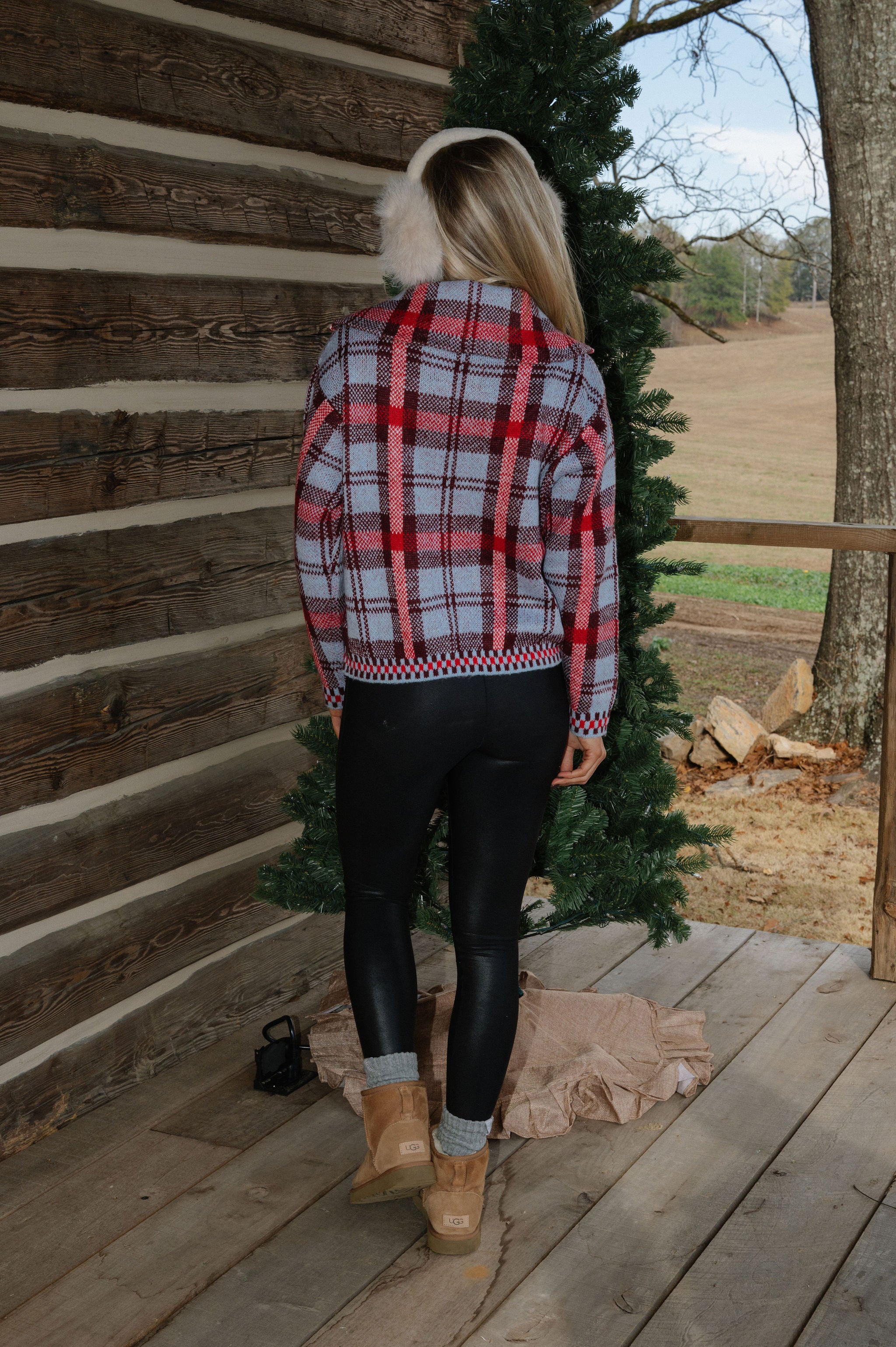 Plaid Knit Zip Sweater-Blue Multi