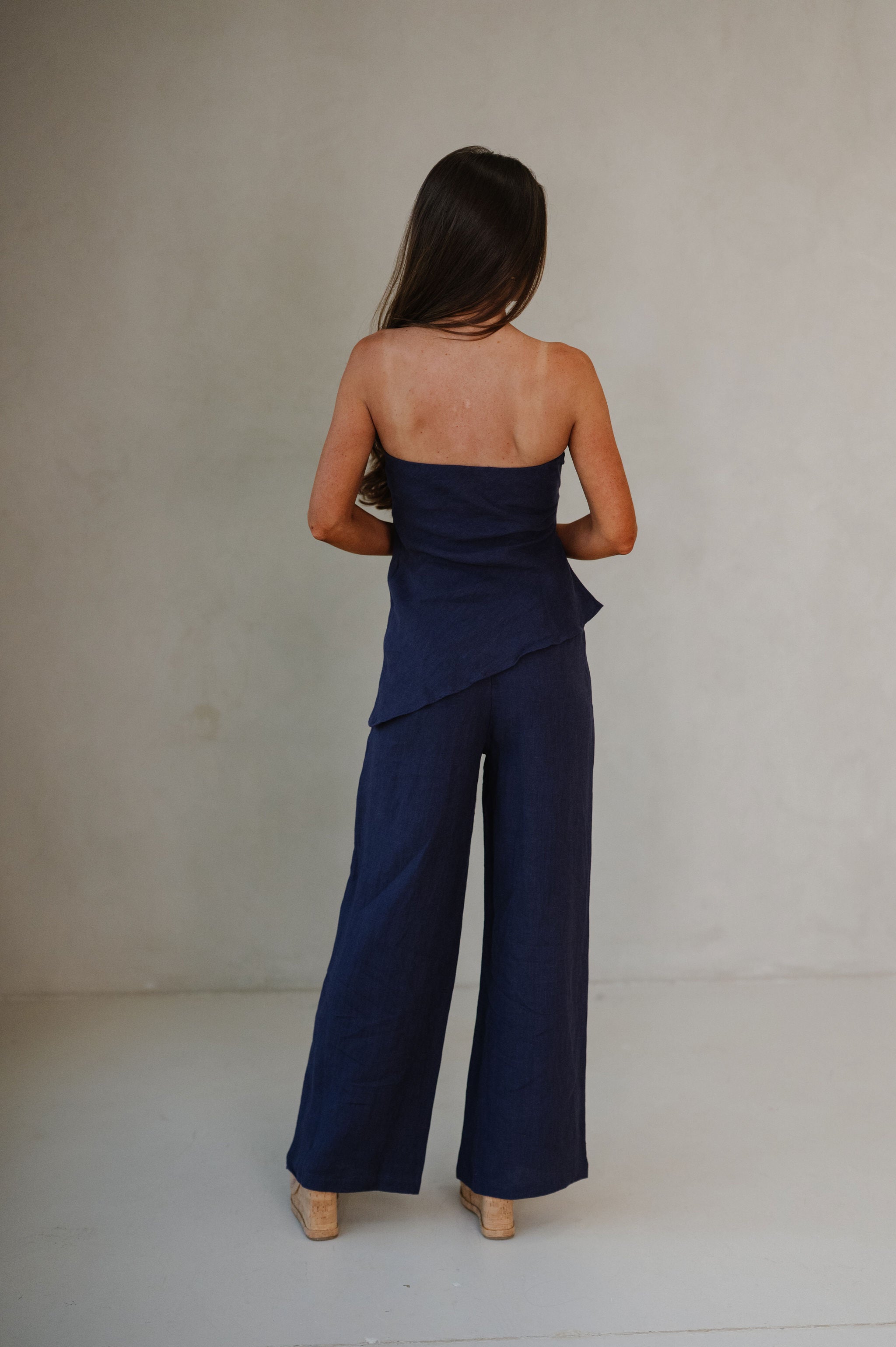 Rita Wide Leg Linen Pants-Navy