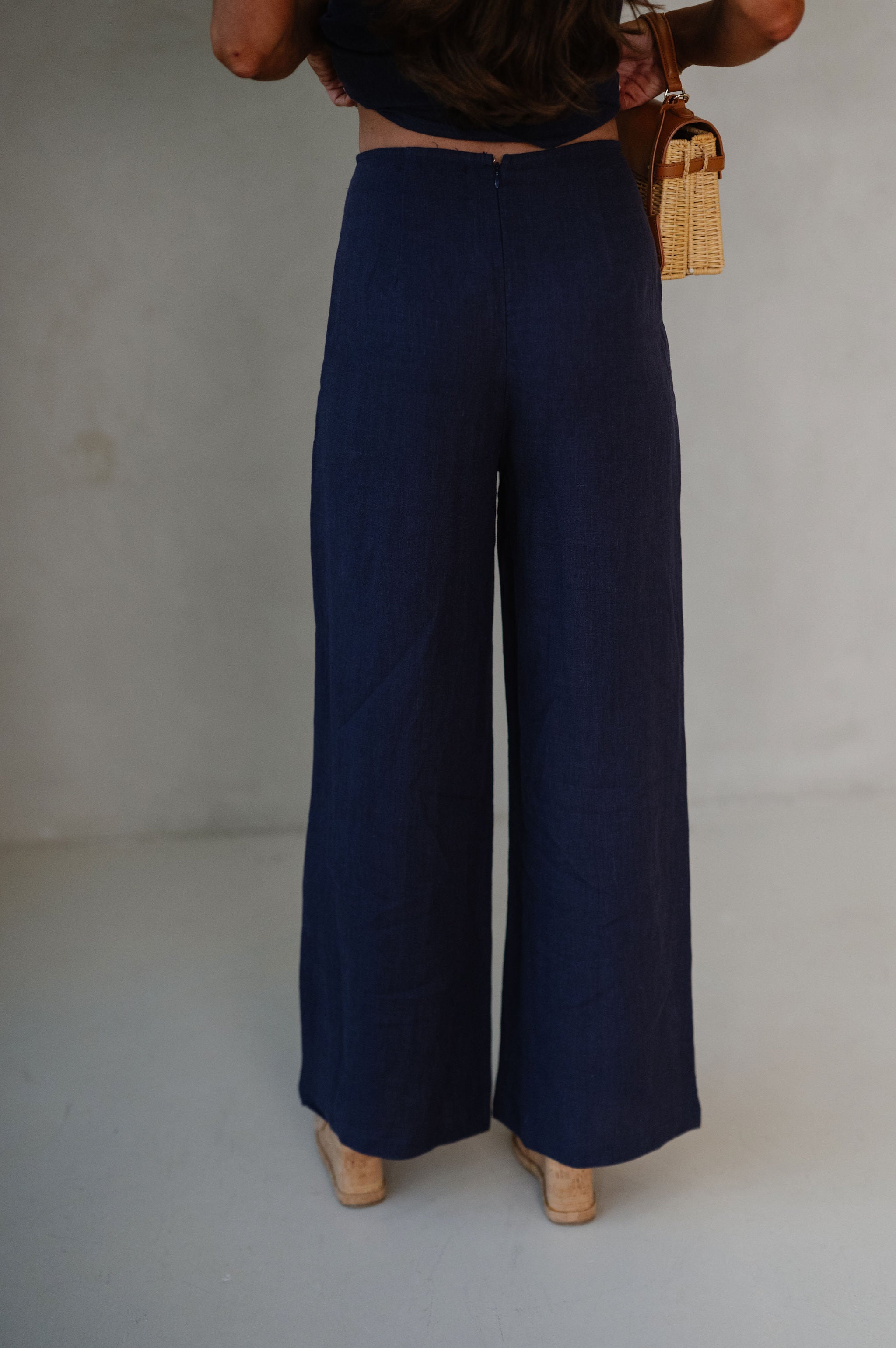 Rita Wide Leg Linen Pants-Navy