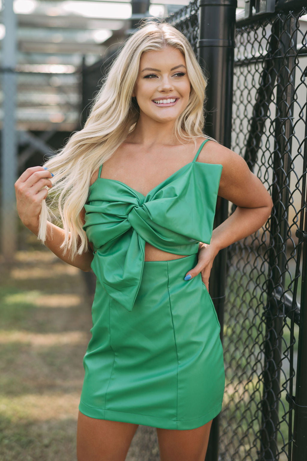 Faux Leather Bow Dress- Green