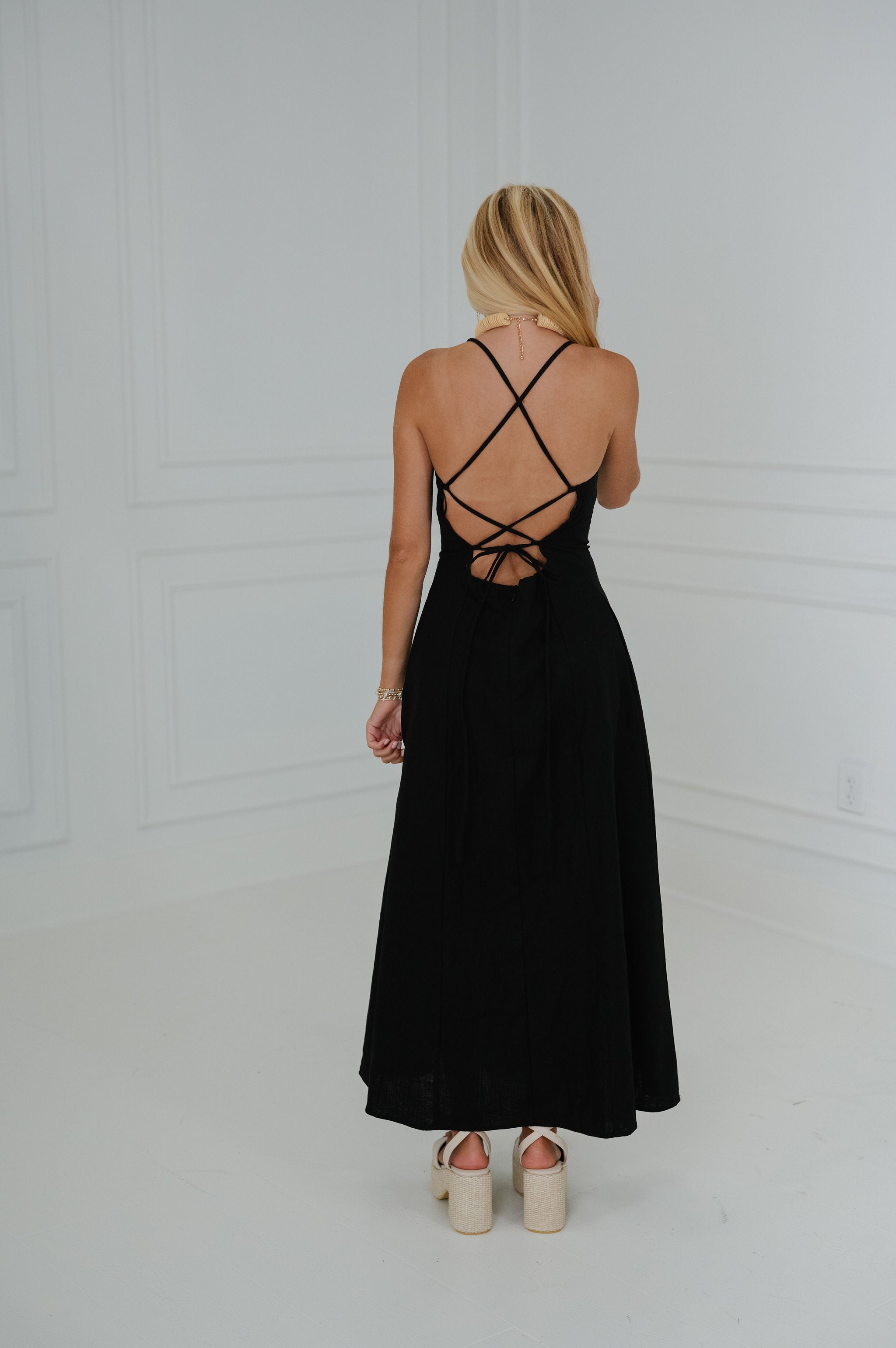 Macie Linen Midi Dress-Black
