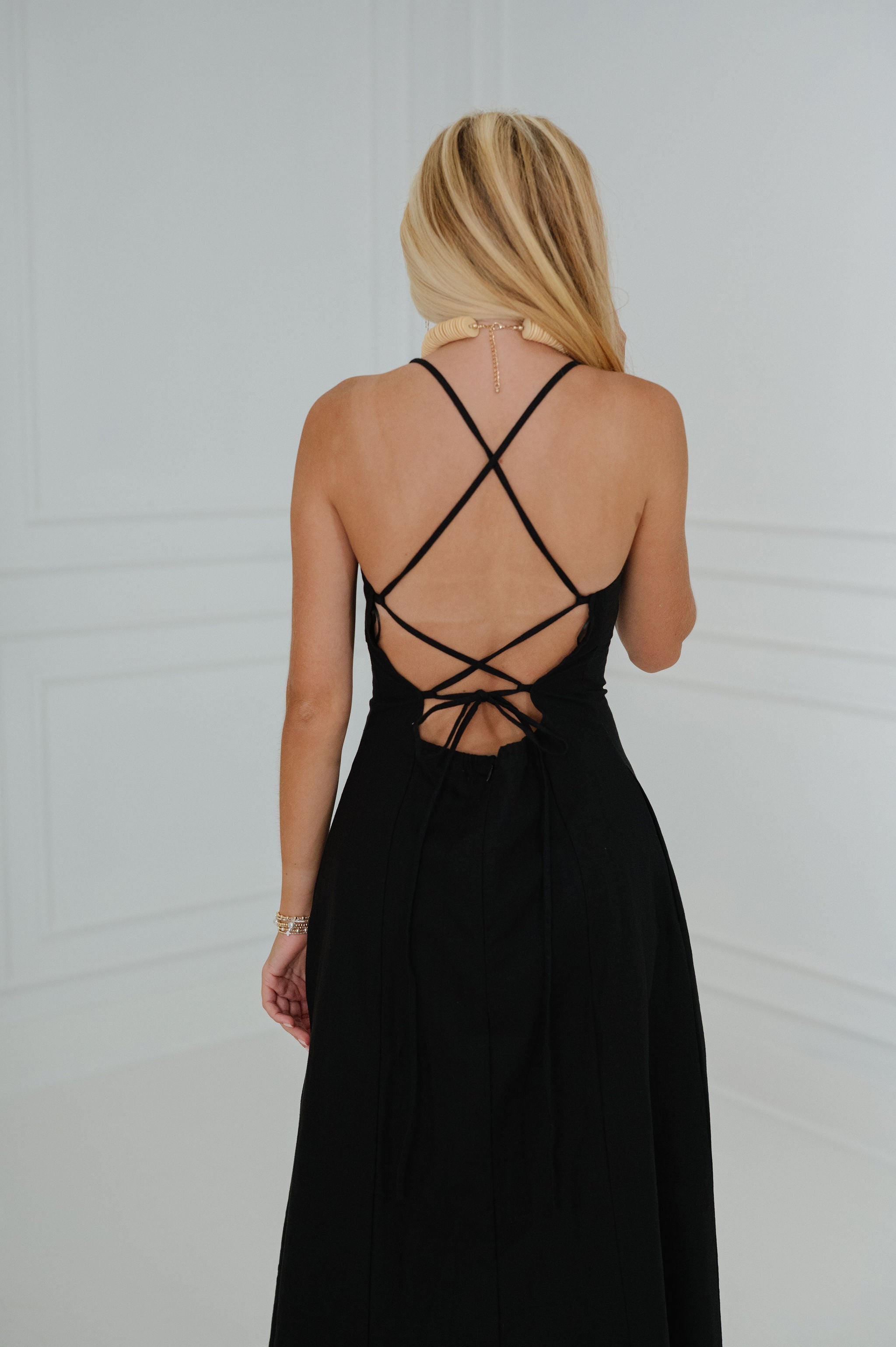 Macie Linen Midi Dress-Black