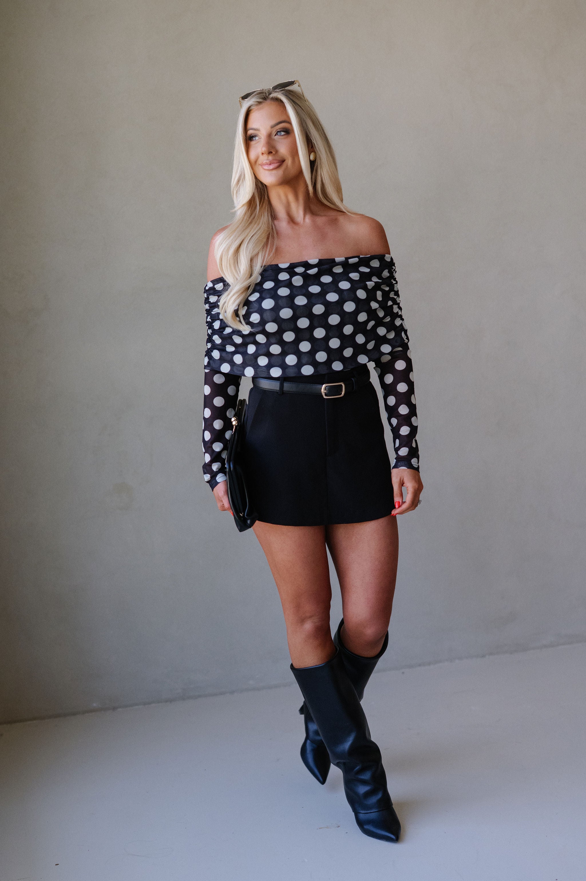Valorie OTS Polka Dot Top-Black/Cream