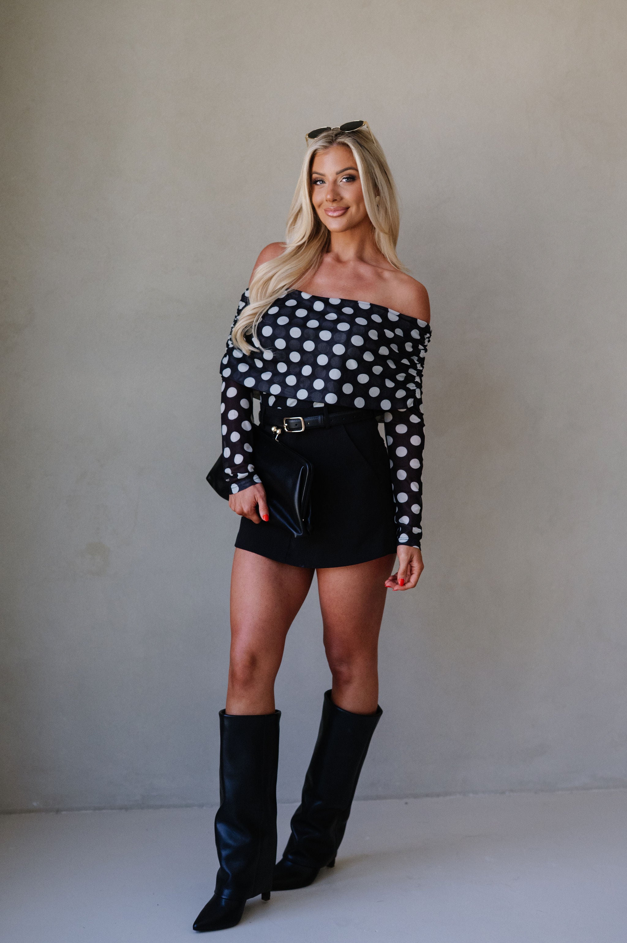 Valorie OTS Polka Dot Top-Black/Cream