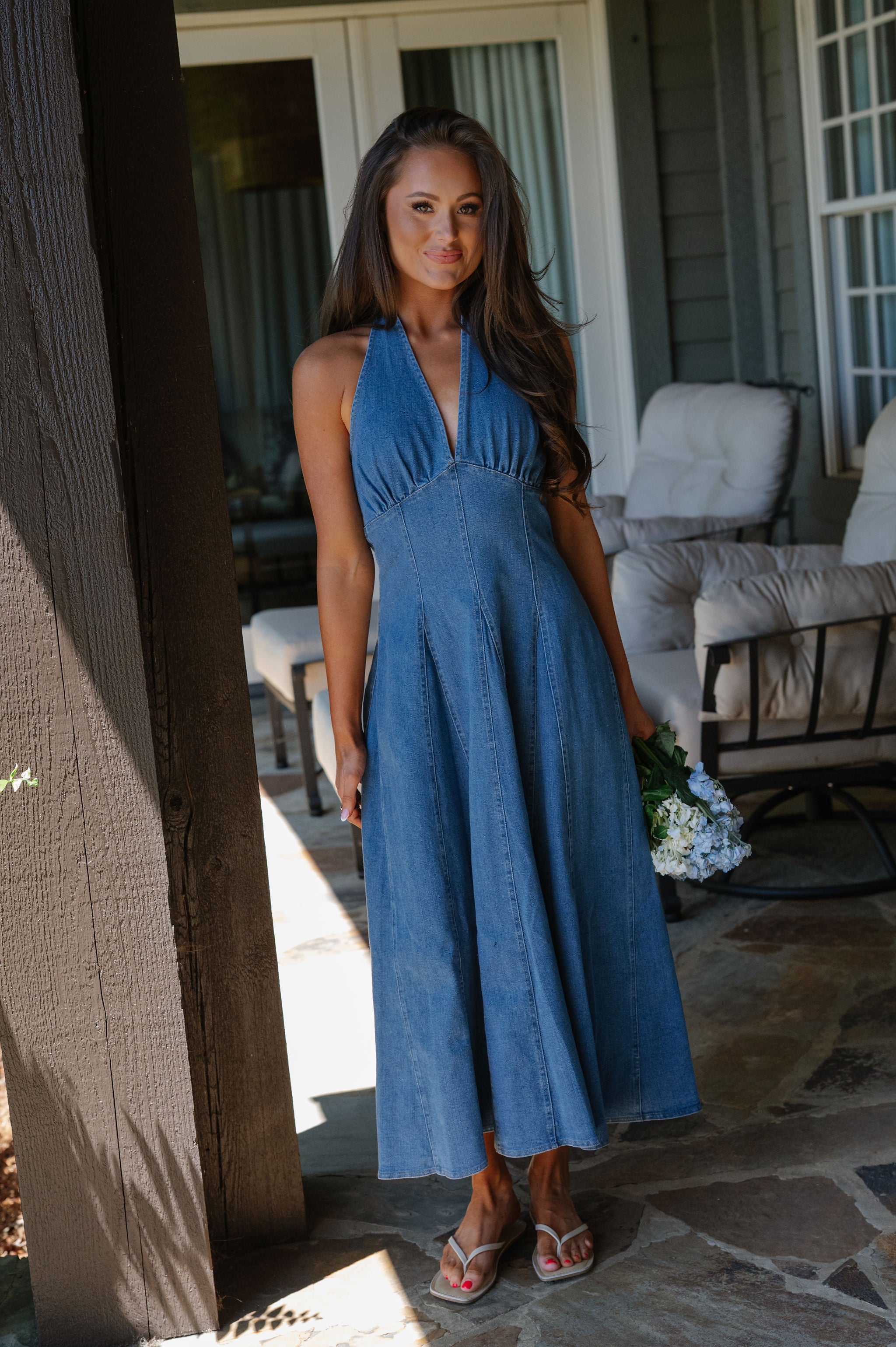 Delaney Halter Denim Midi Dress L Delaney Halter Denim Midi Dress L