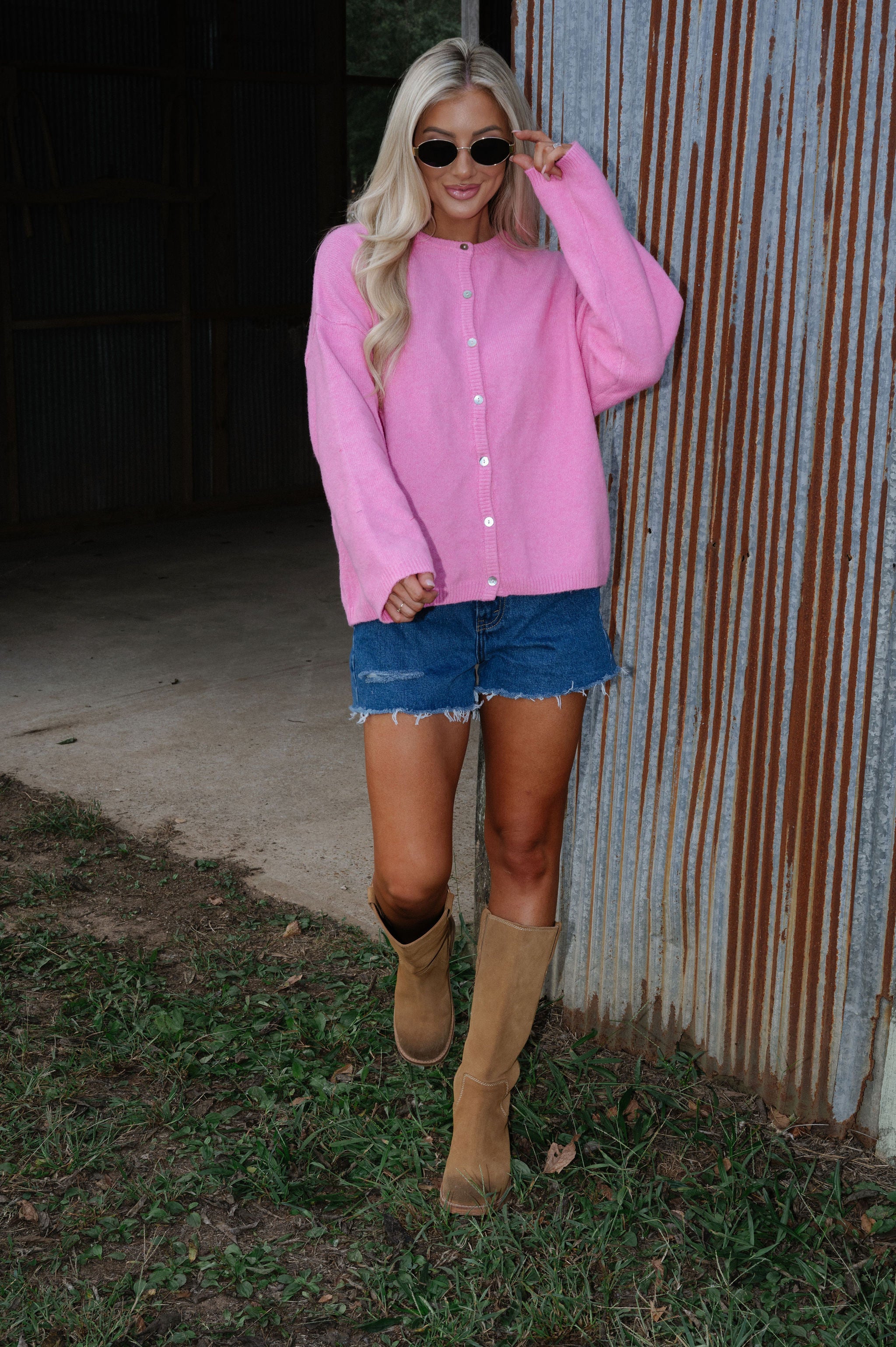 Long Sleeve Crew Neck Sweater Cardigan-Pink
