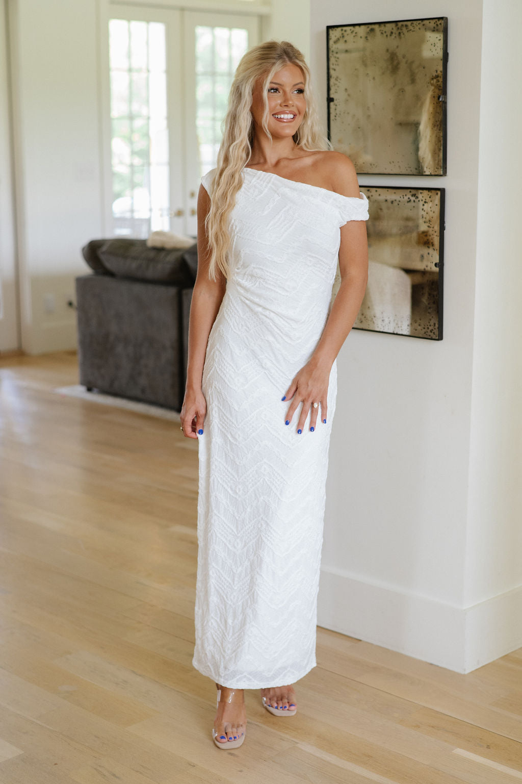 Gathered One Shoulder Dress-White