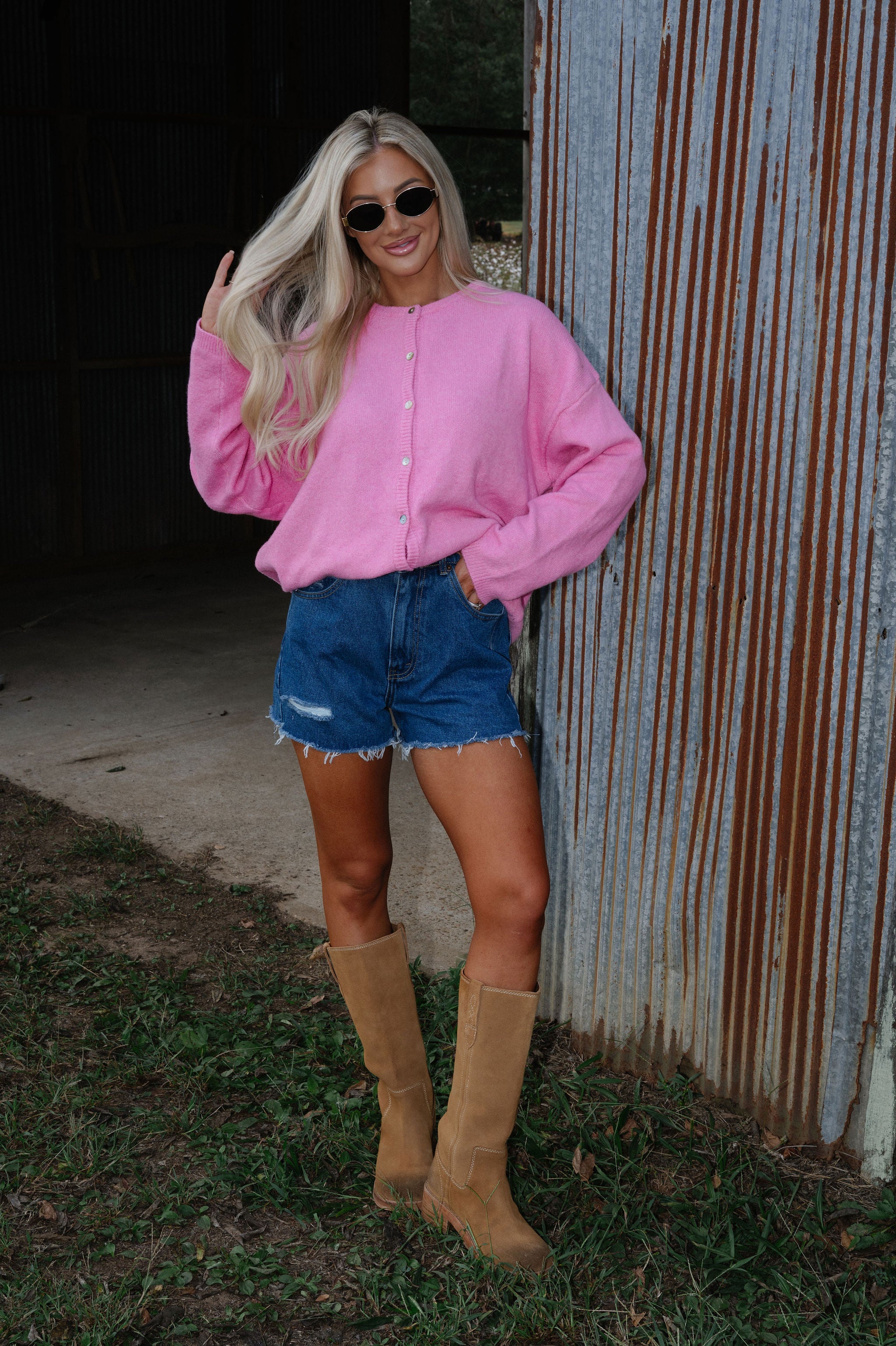 Long Sleeve Crew Neck Sweater Cardigan-Pink