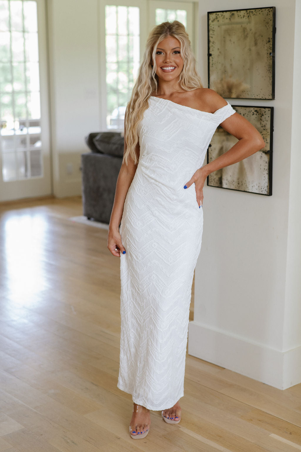 Gathered One Shoulder Dress-White