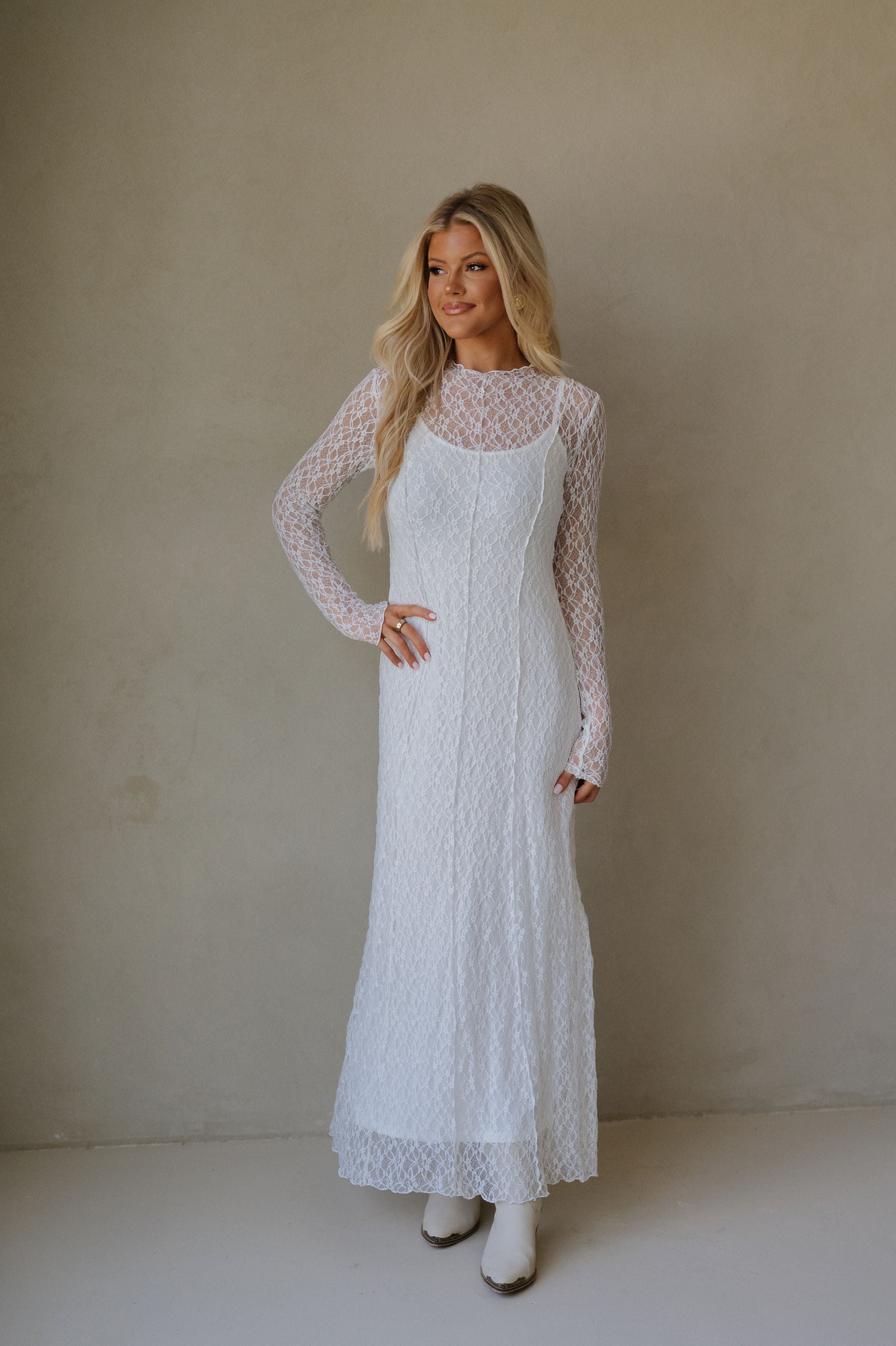 Mock Neck Lace Maxi Dress-White