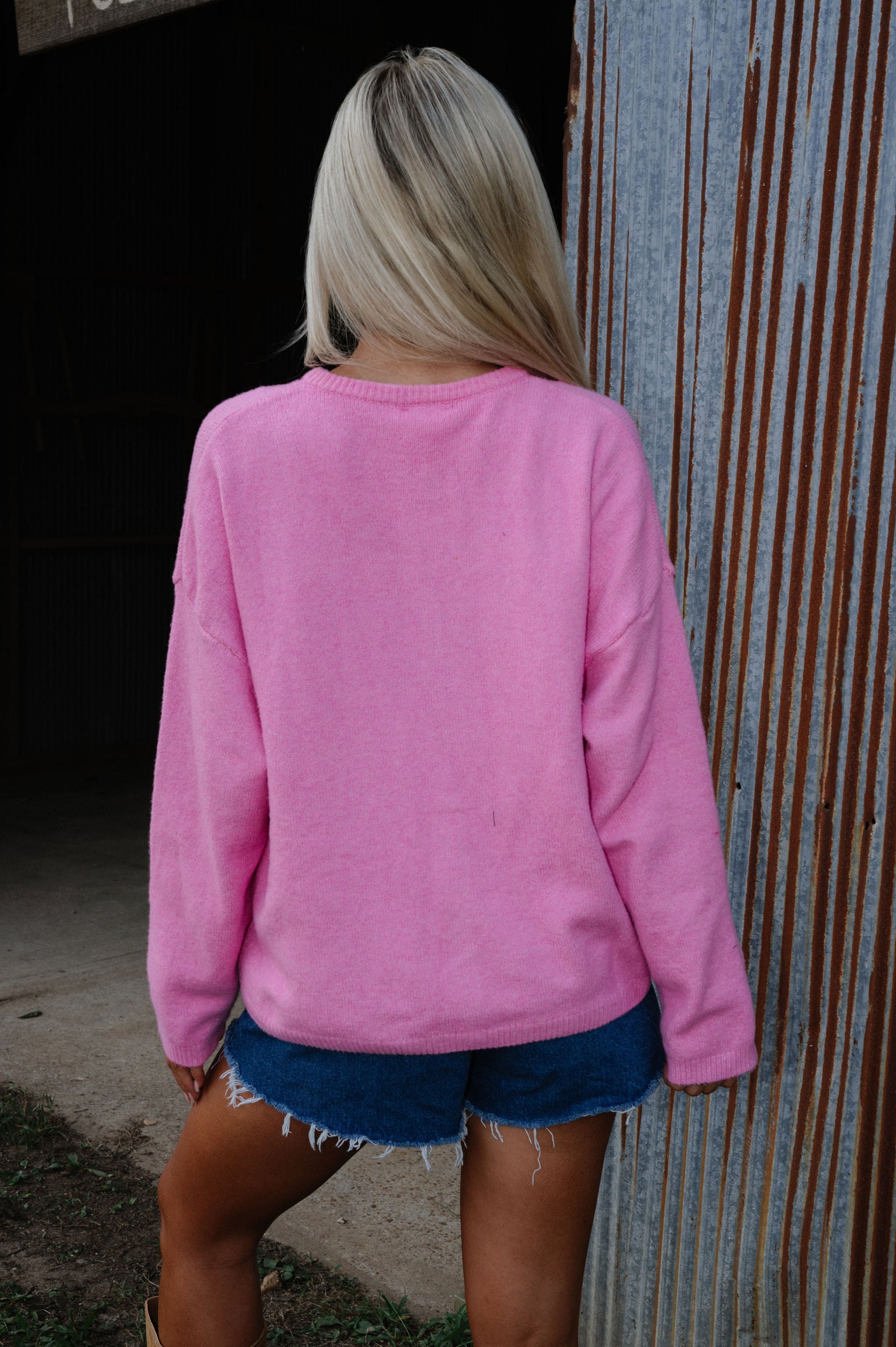 Long Sleeve Crew Neck Sweater Cardigan-Pink
