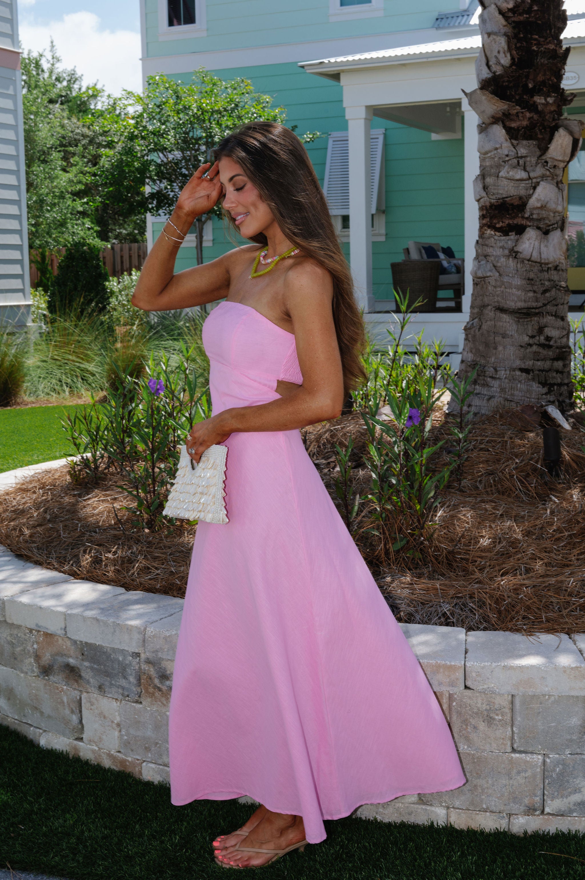 Lexie Linen Strapless Dress-Pink