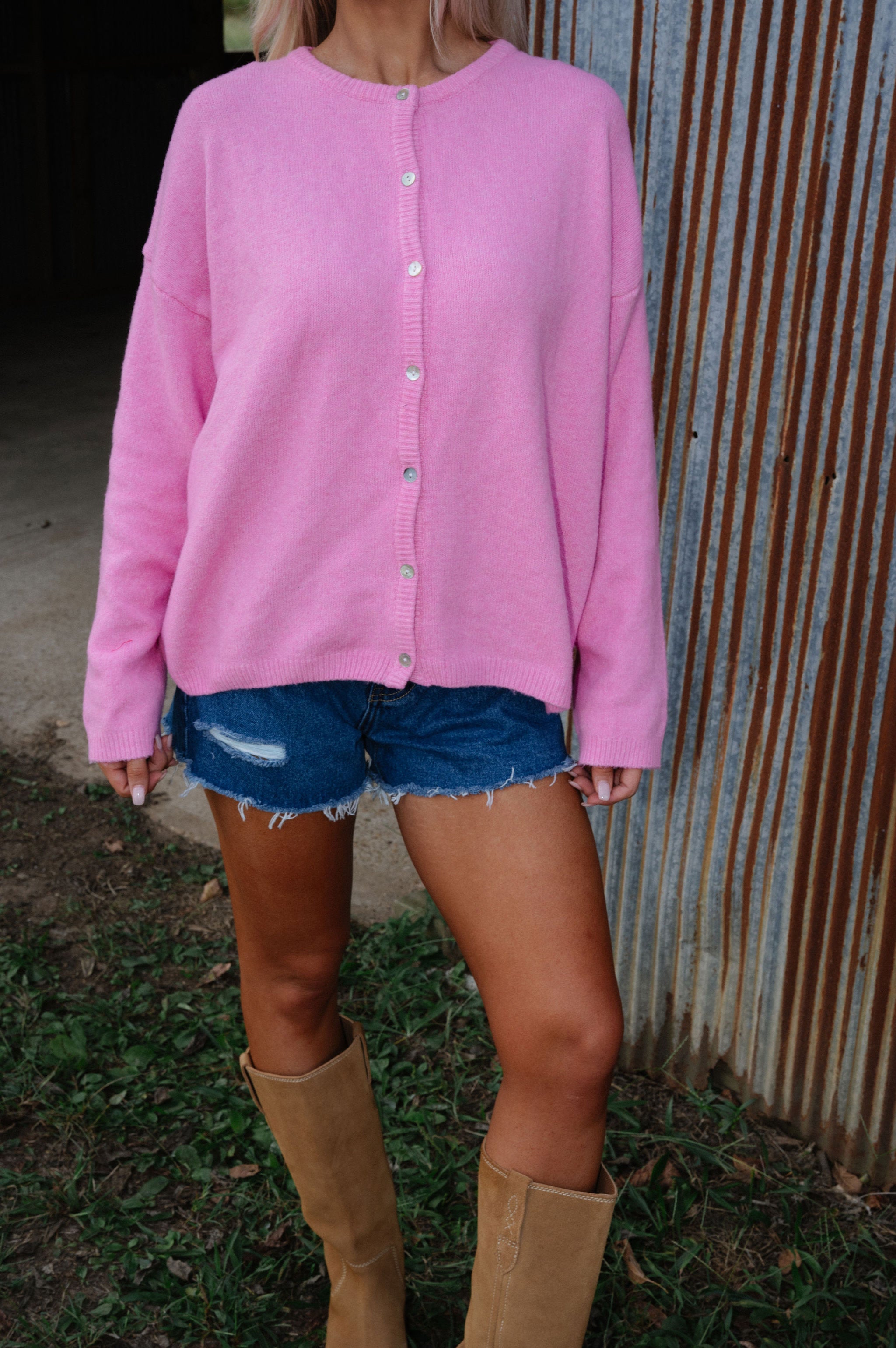 Long Sleeve Crew Neck Sweater Cardigan-Pink