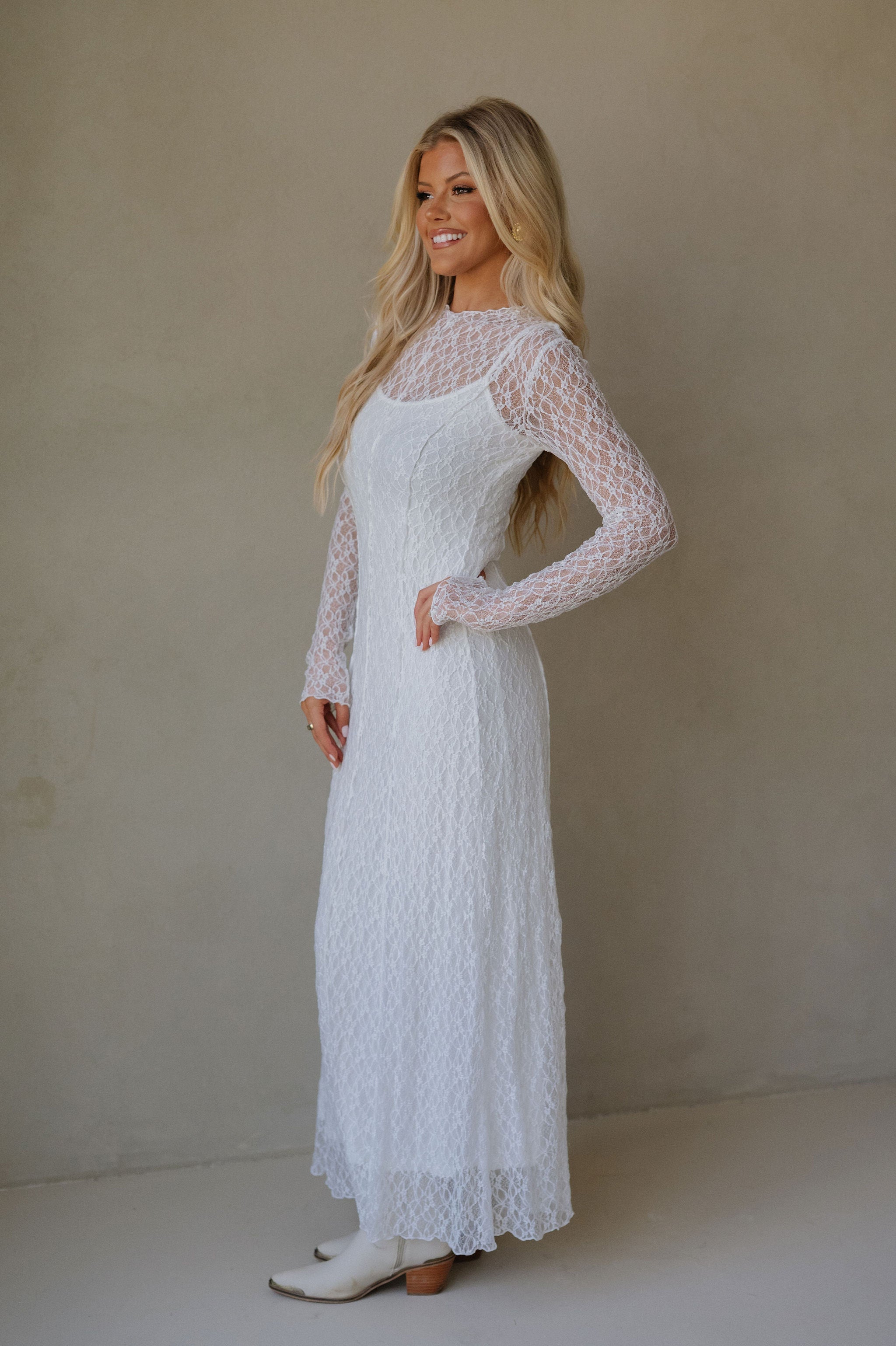 Mock Neck Lace Maxi Dress-White