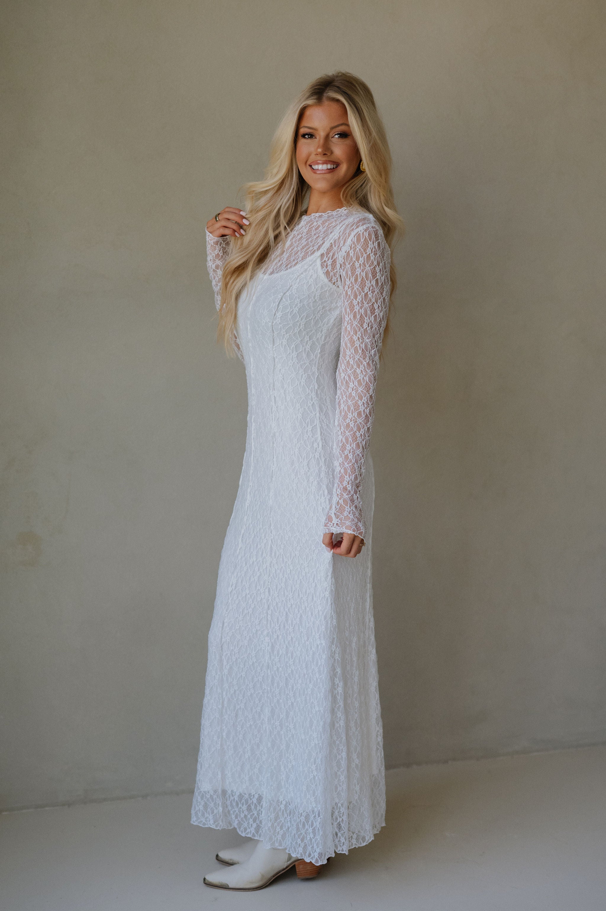 Mock Neck Lace Maxi Dress-White