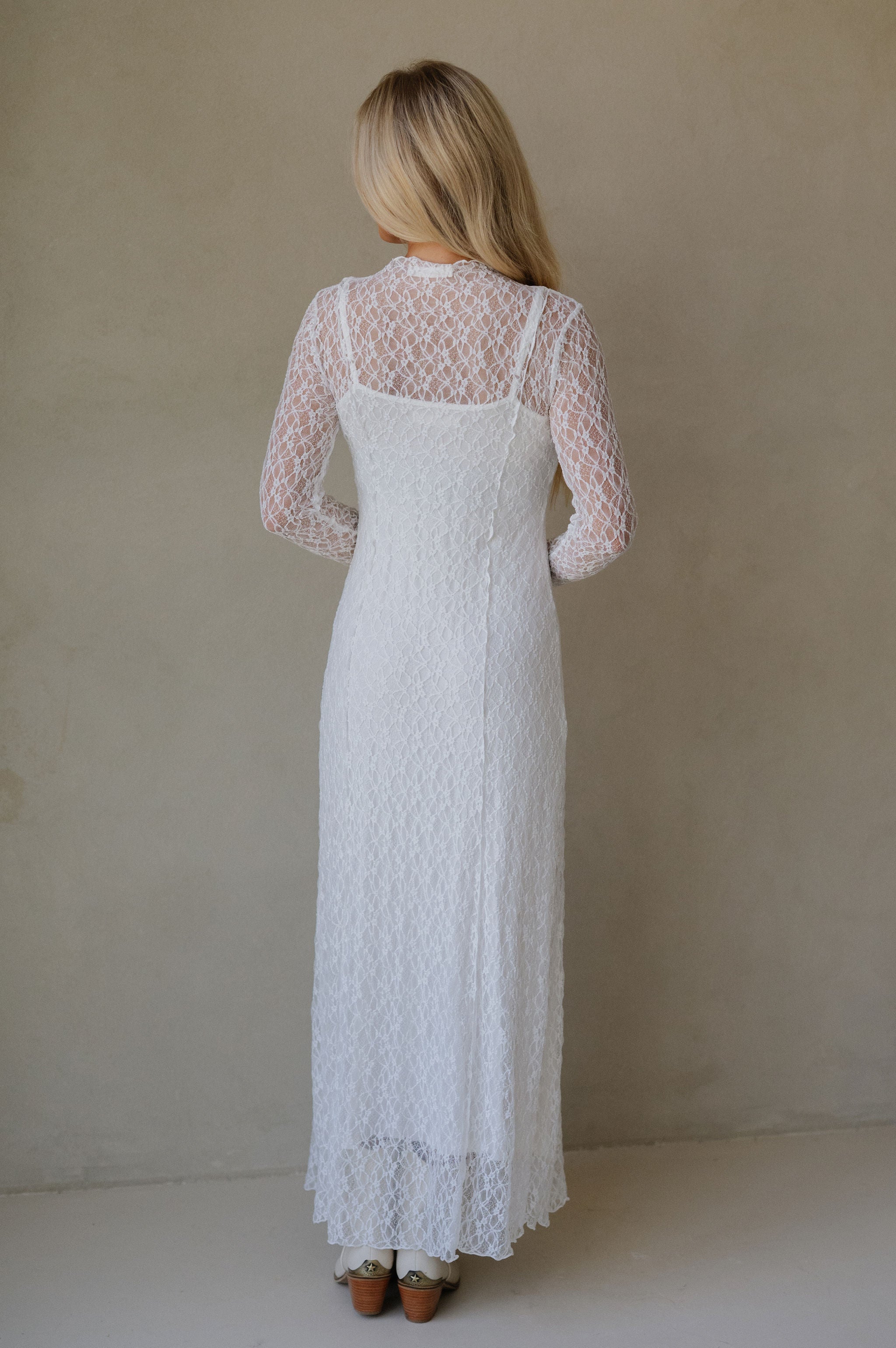 Mock Neck Lace Maxi Dress-White