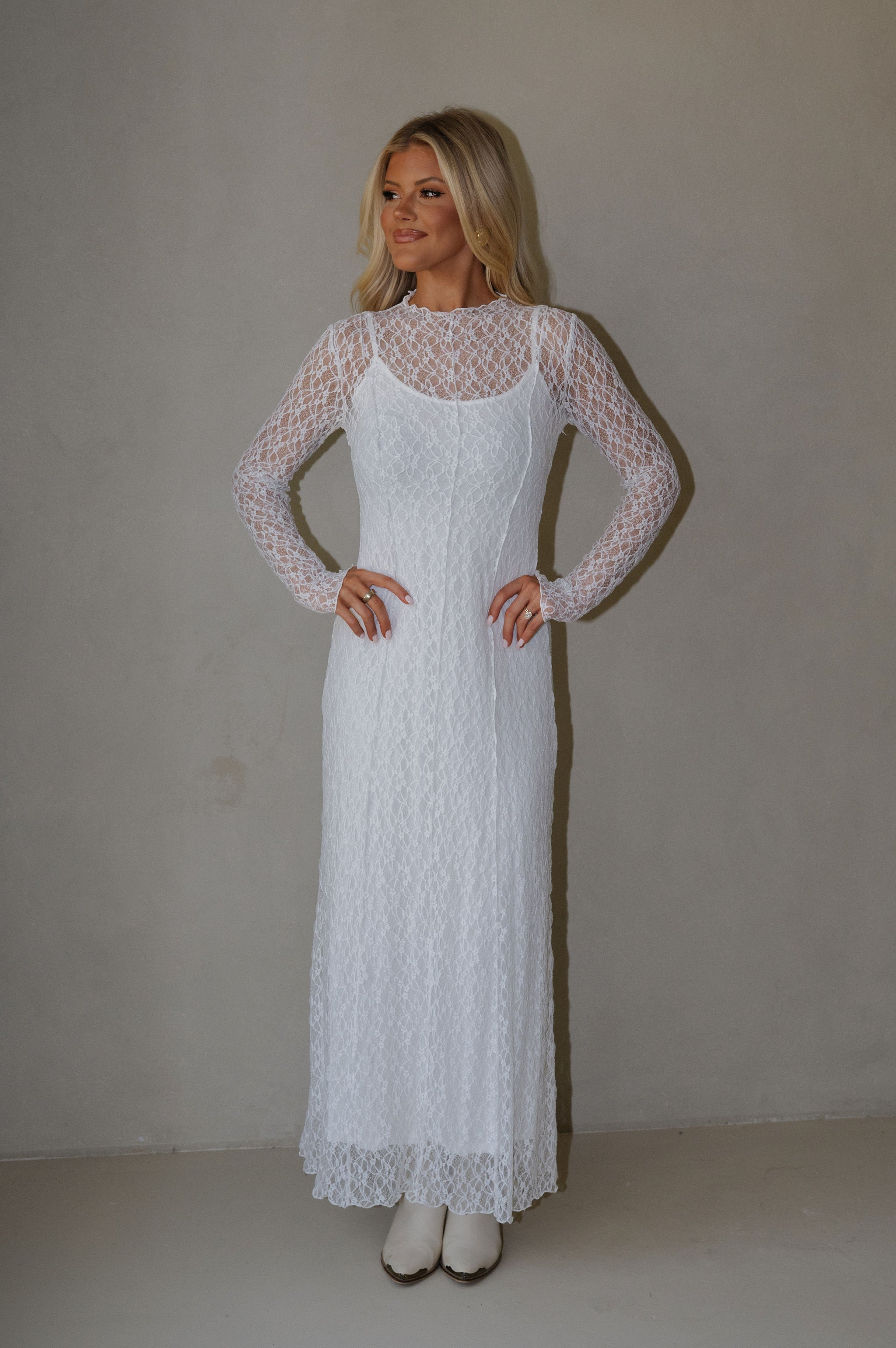 Mock Neck Lace Maxi Dress-White