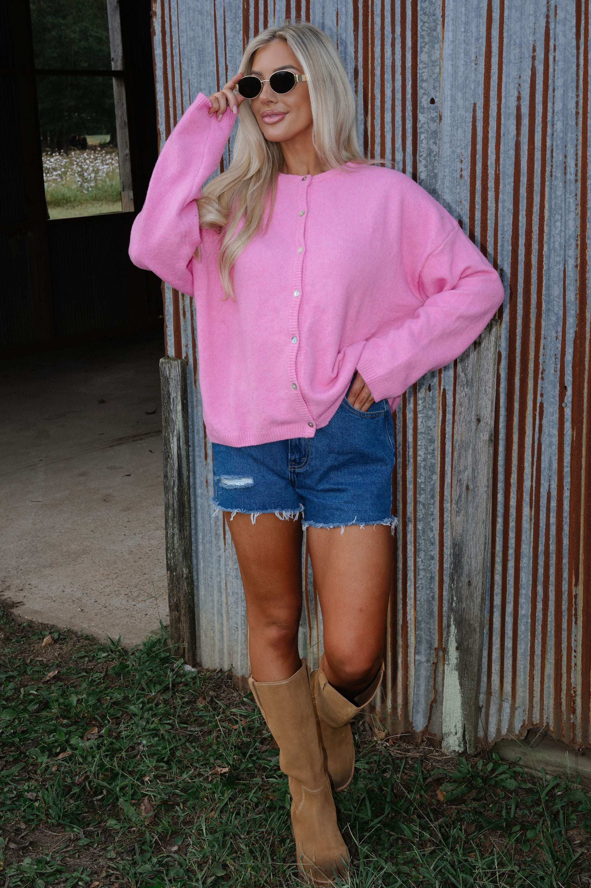 Long Sleeve Crew Neck Sweater Cardigan-Pink