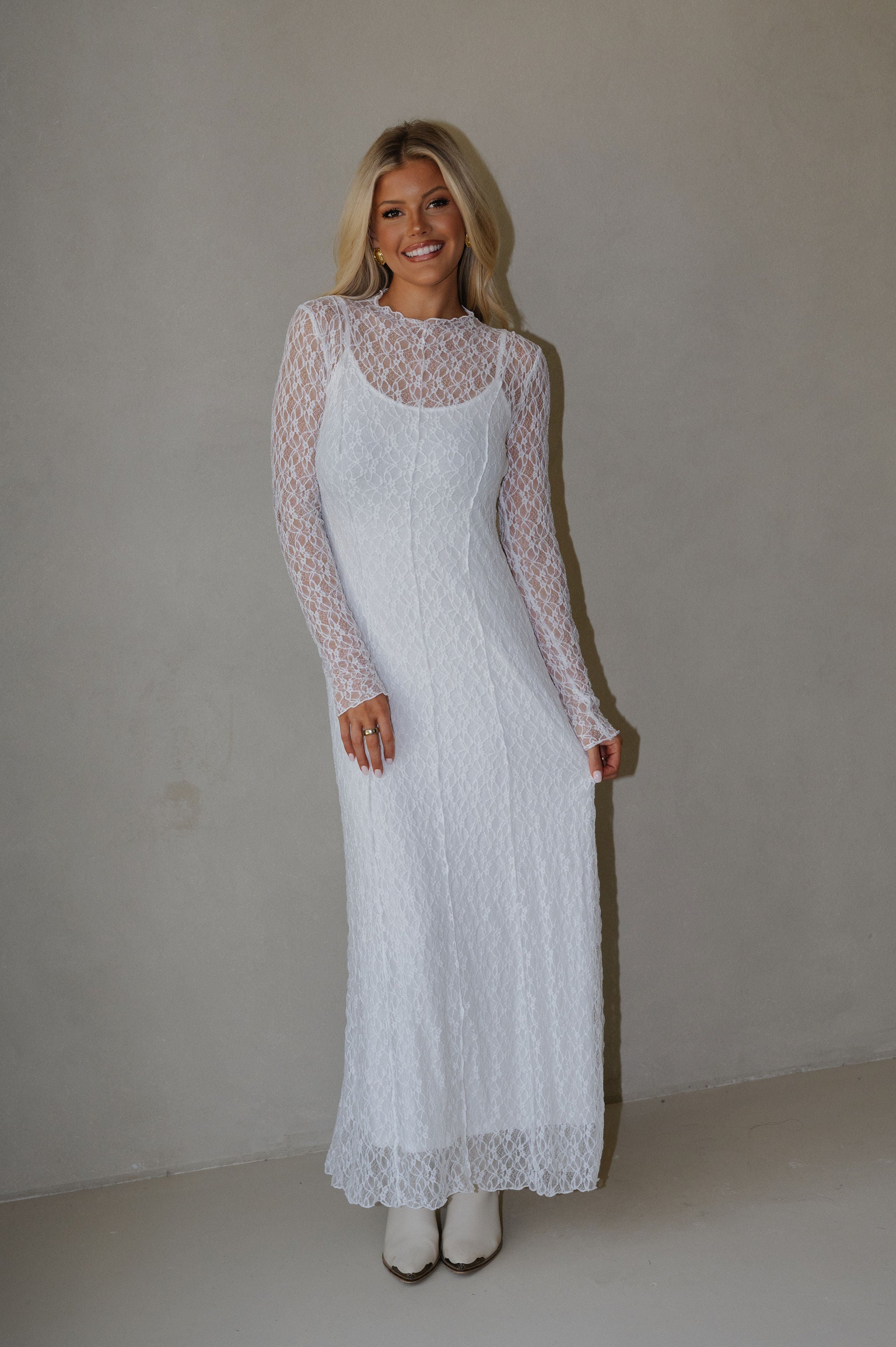 Mock Neck Lace Maxi Dress-White