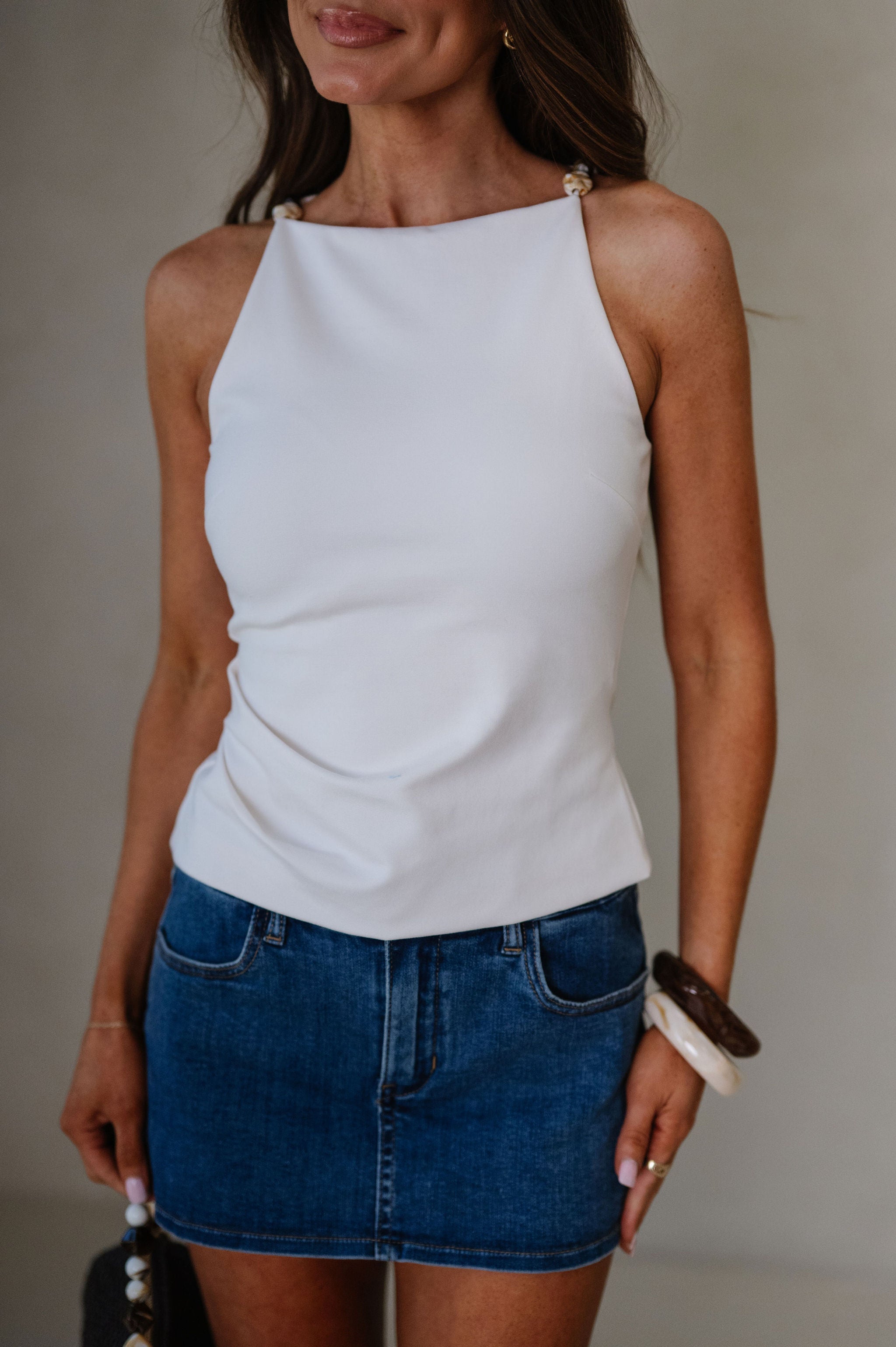 Amelia Beaded Top-Egret White