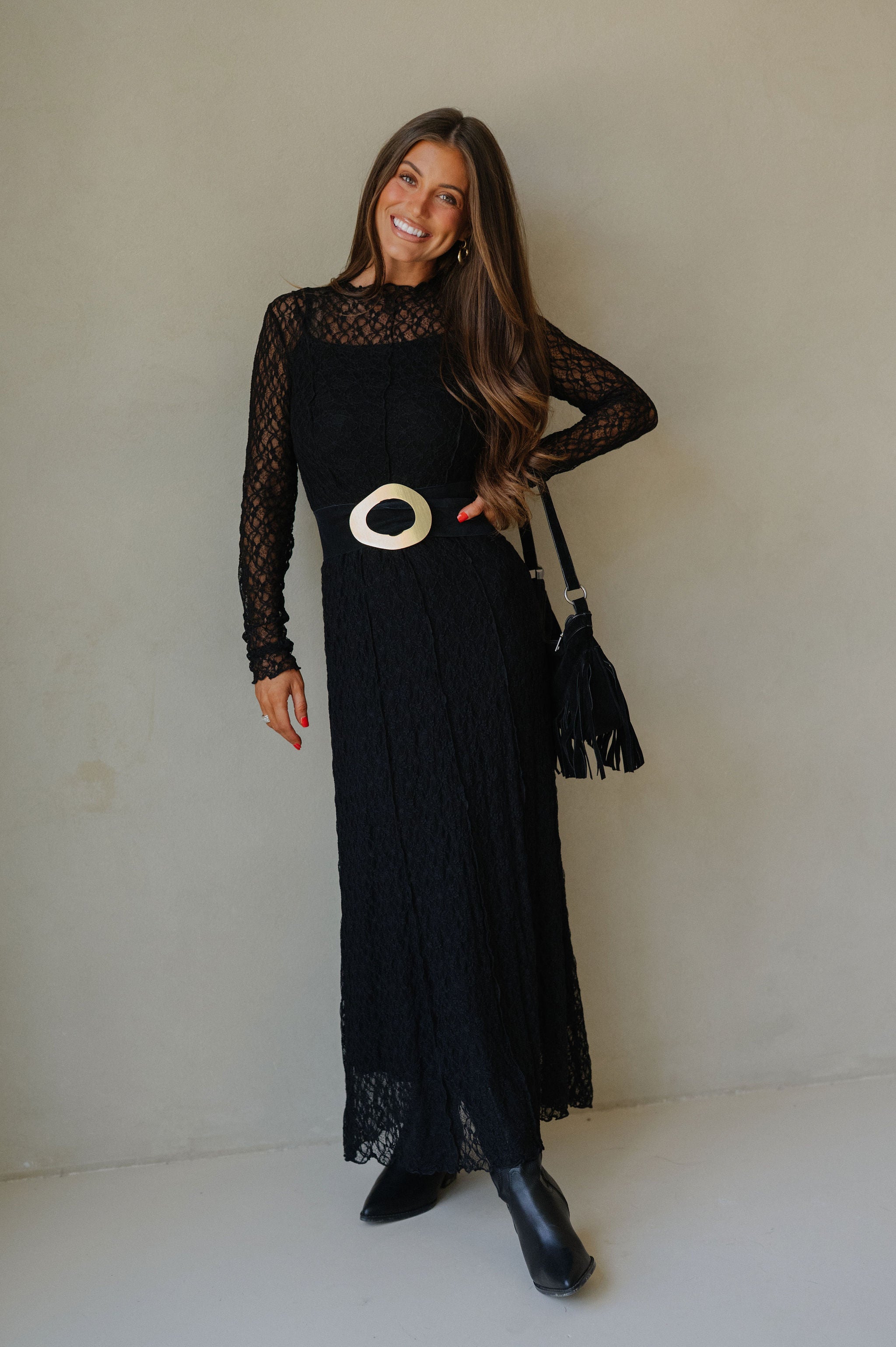 Mock Neck Lace Maxi Dress-Black