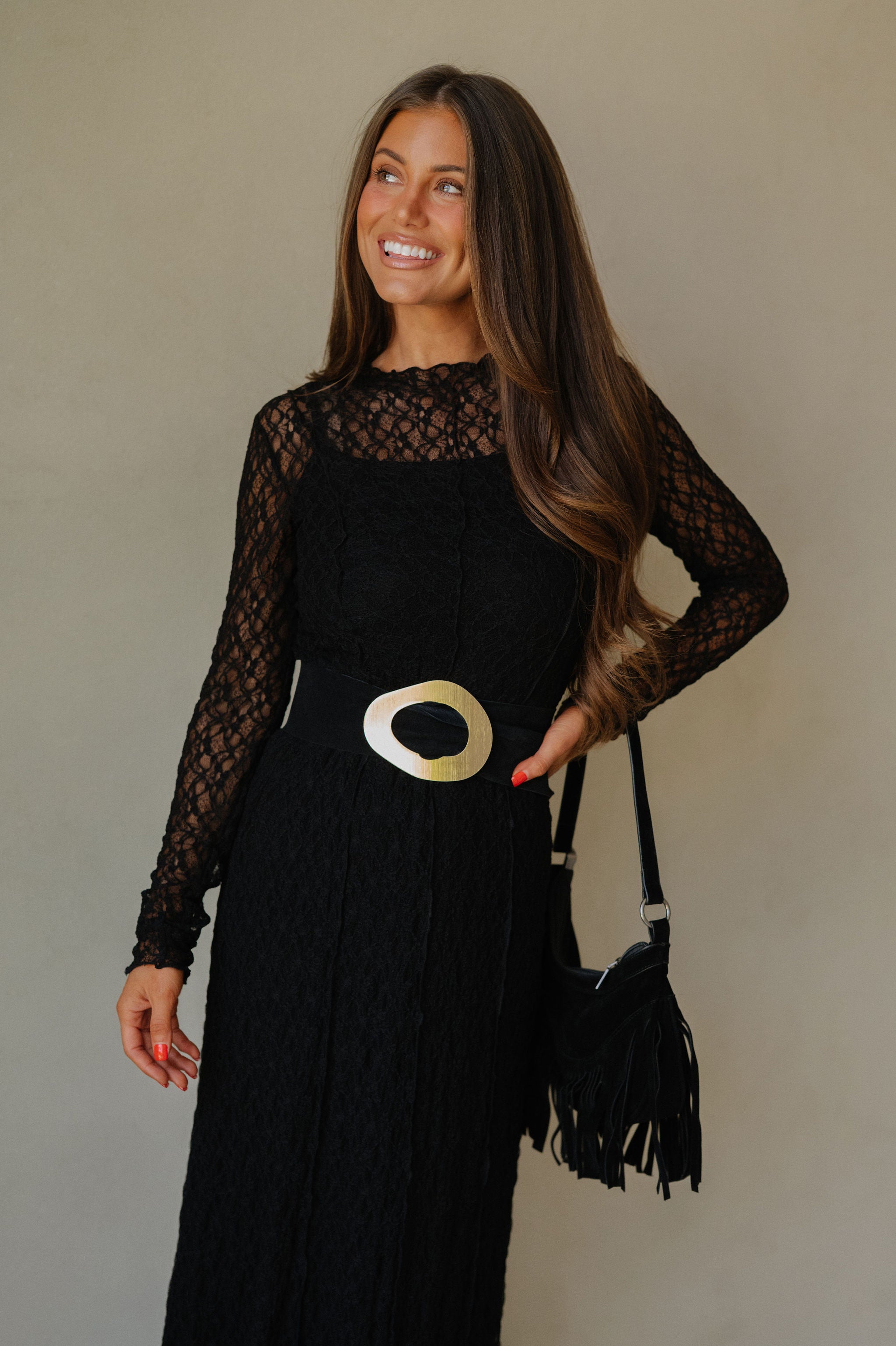 Mock Neck Lace Maxi Dress-Black