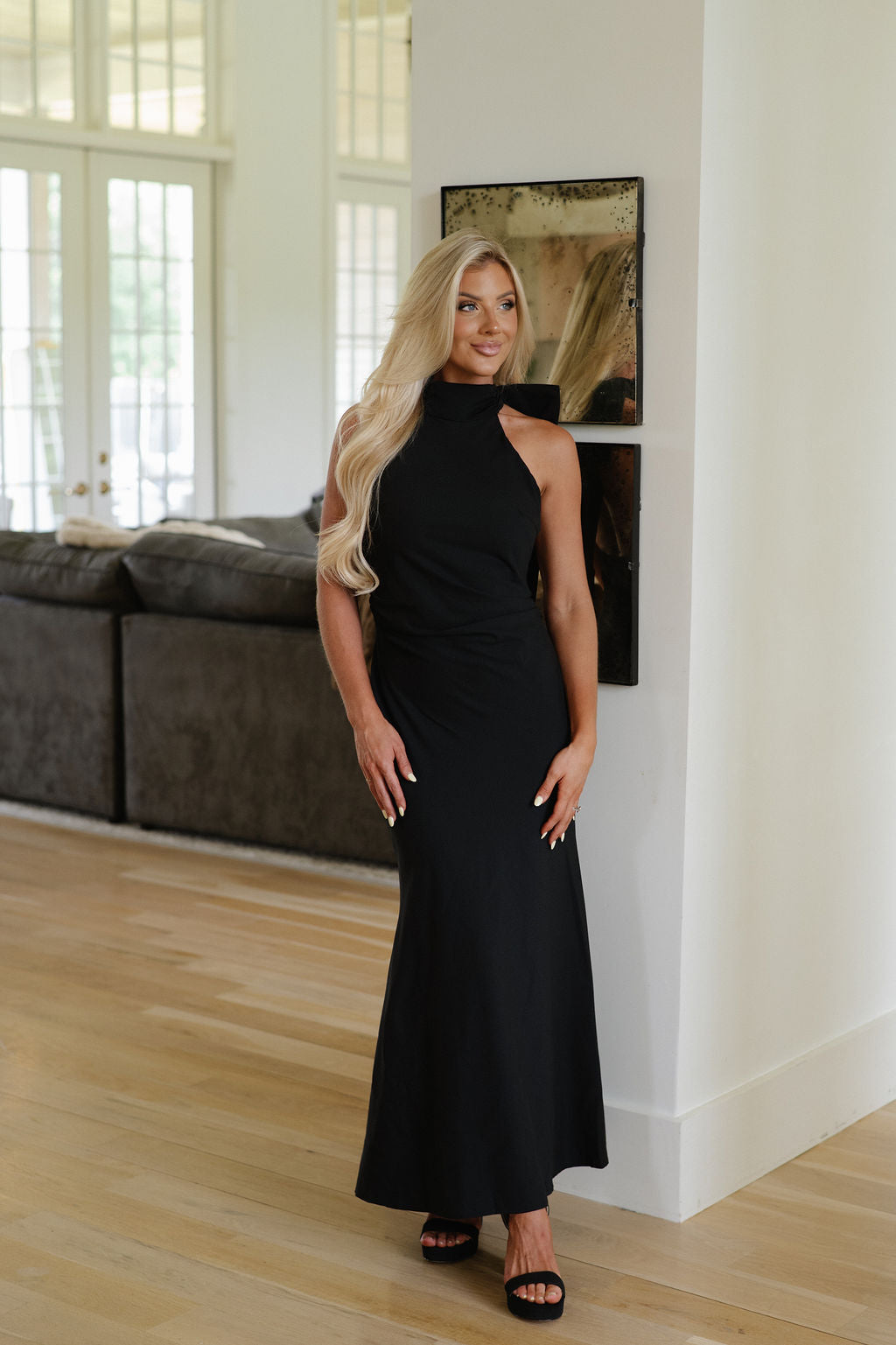 Bow Halter Maxi Dress-Black