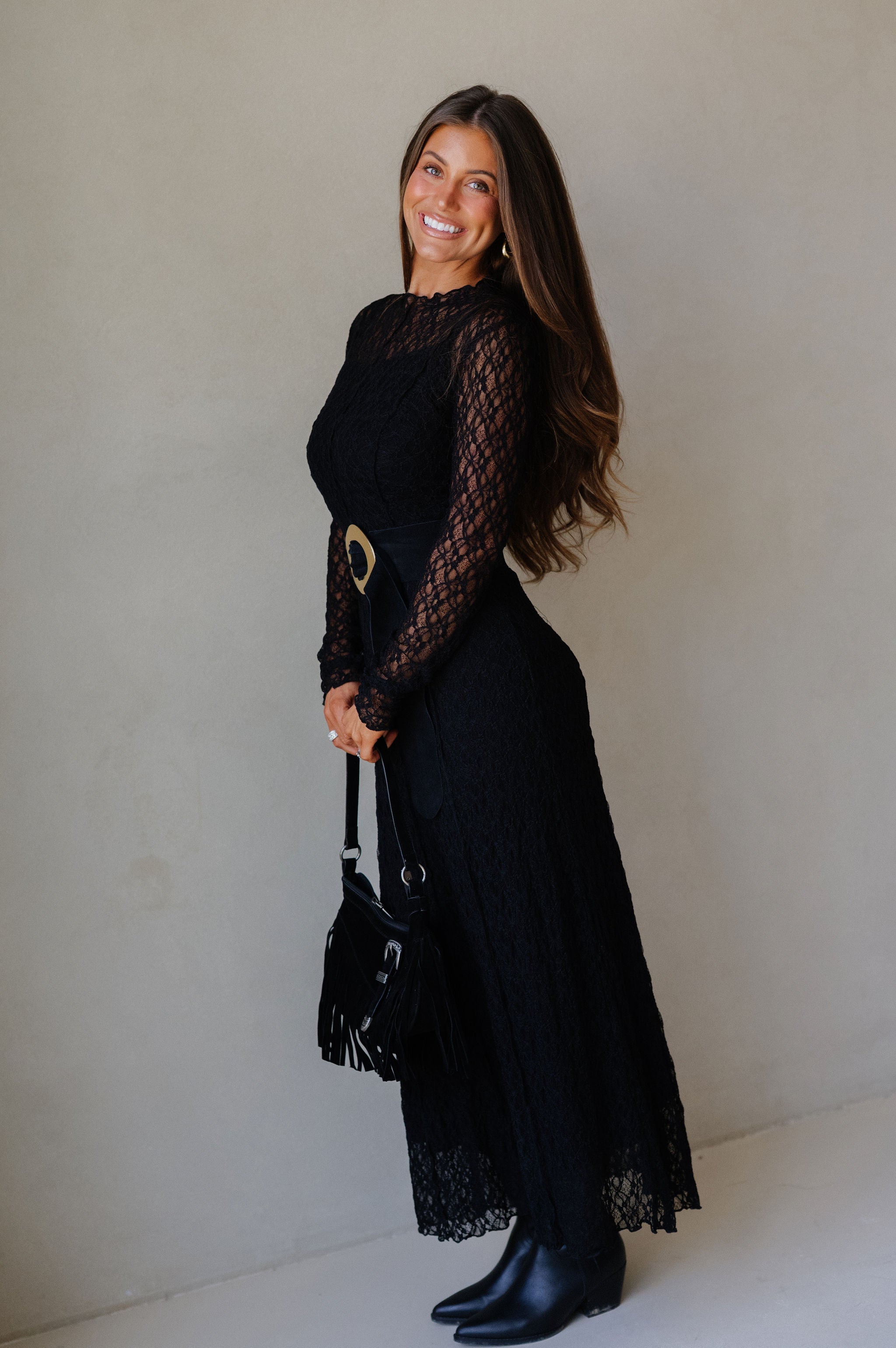 Mock Neck Lace Maxi Dress-Black