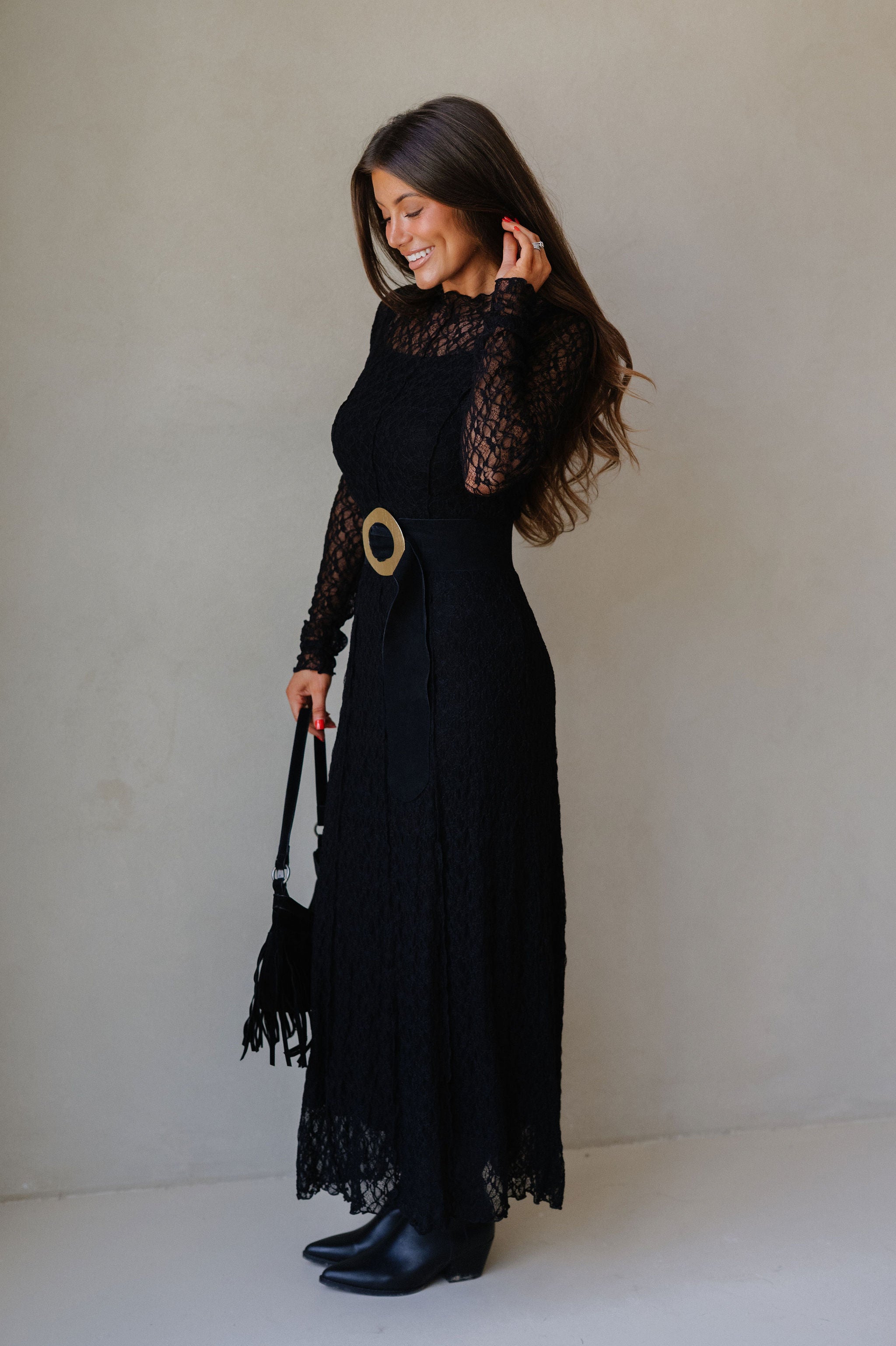 Mock Neck Lace Maxi Dress-Black