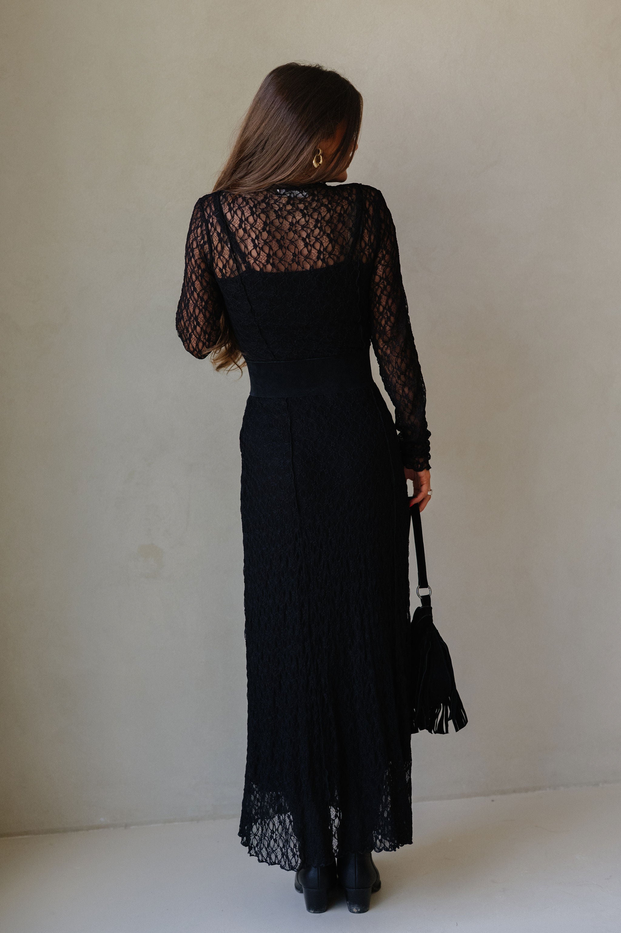 Mock Neck Lace Maxi Dress-Black