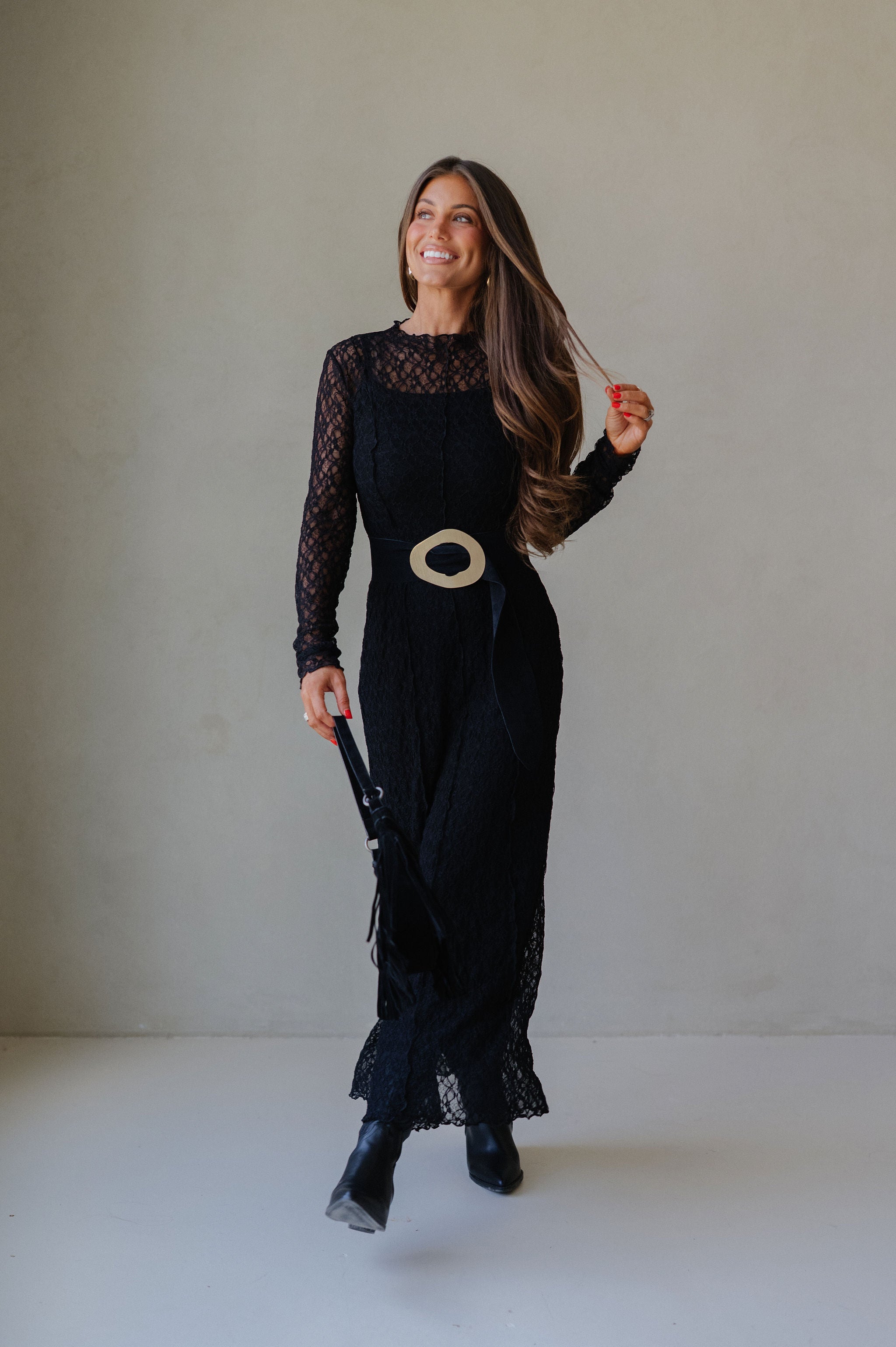 Mock Neck Lace Maxi Dress-Black
