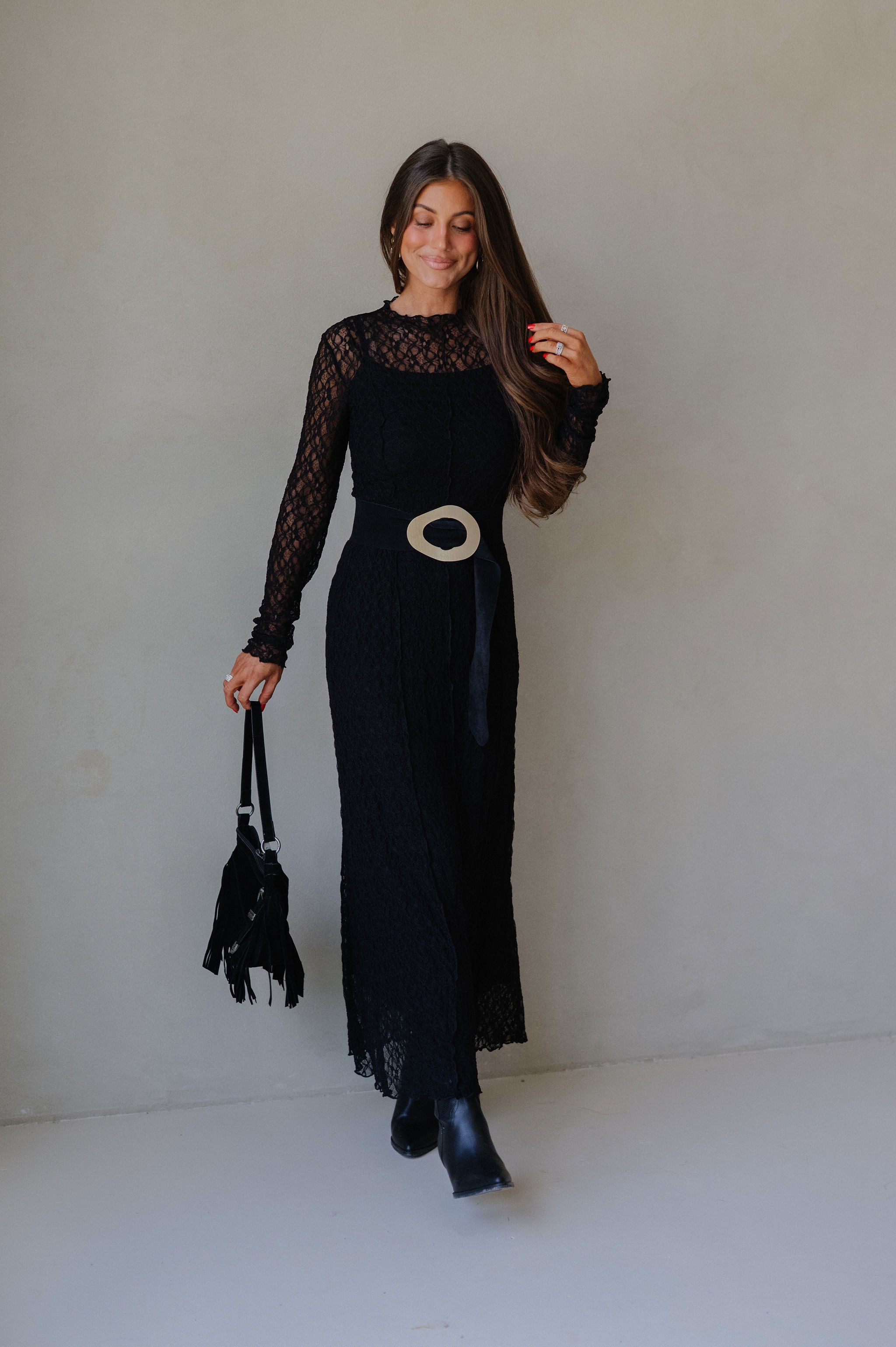 Mock Neck Lace Maxi Dress-Black