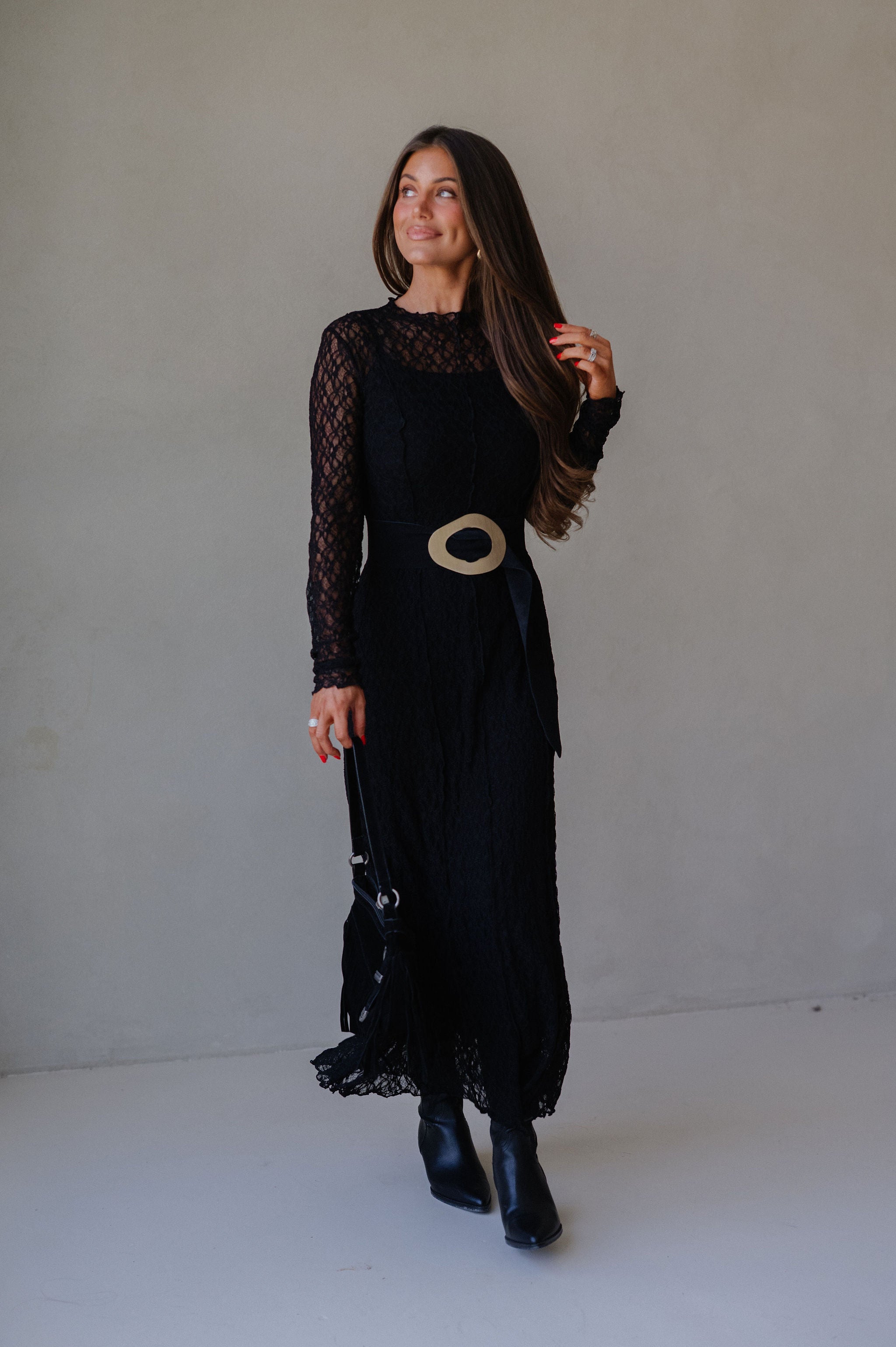 Mock Neck Lace Maxi Dress-Black