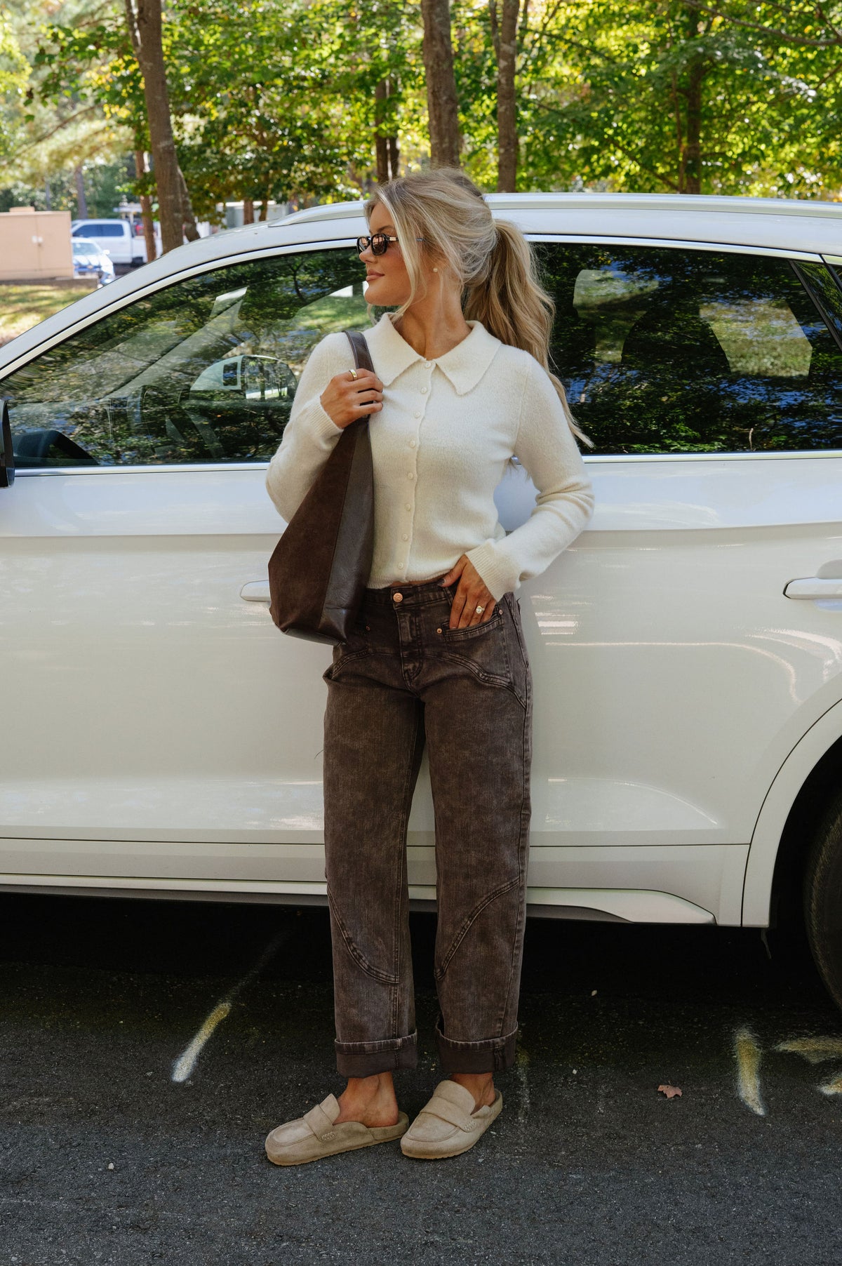 Sammy High Rise Western Barrel Jeans-Brown