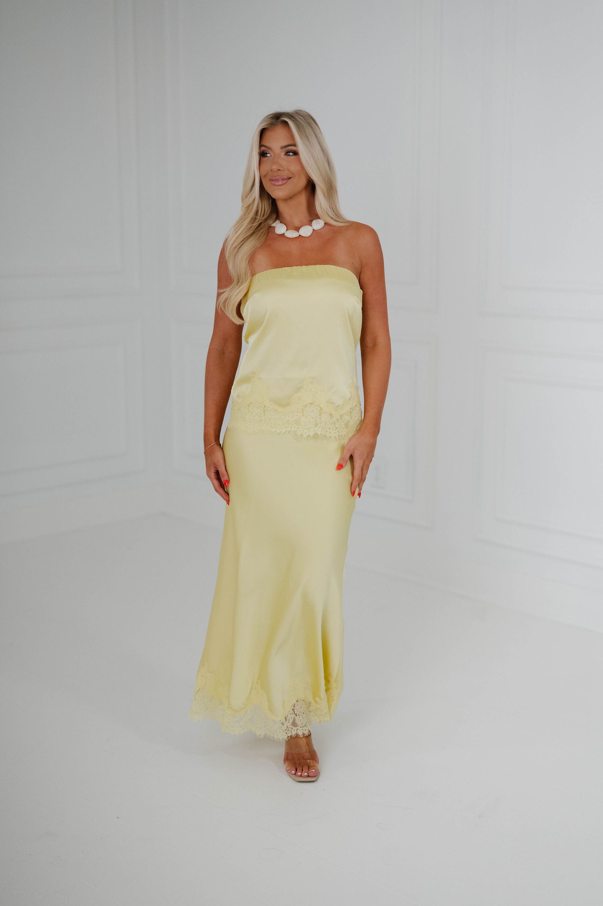 Zara Satin Lace Midi Skirt Set-Yellow