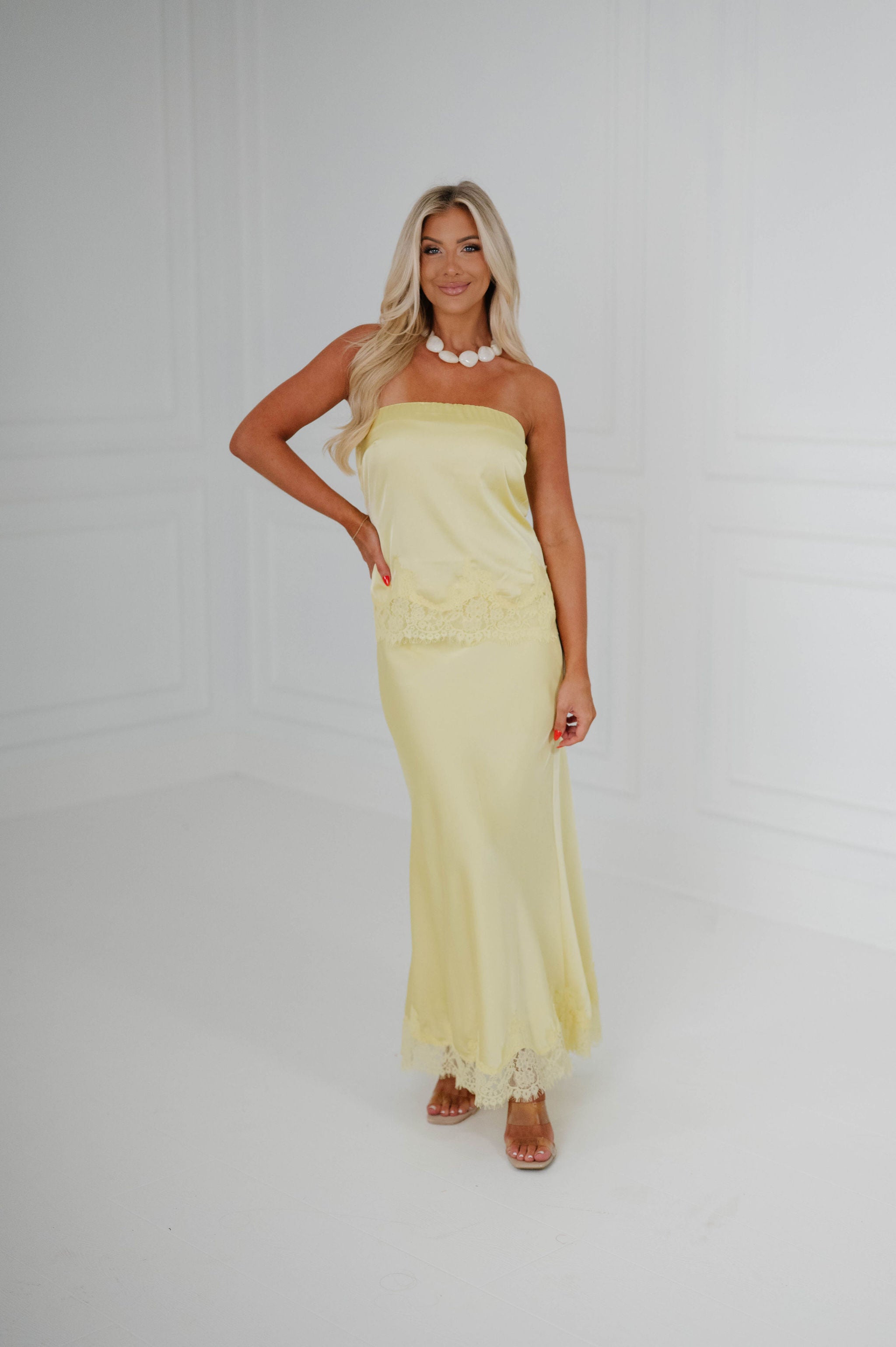 Zara Satin Lace Midi Skirt Set-Yellow