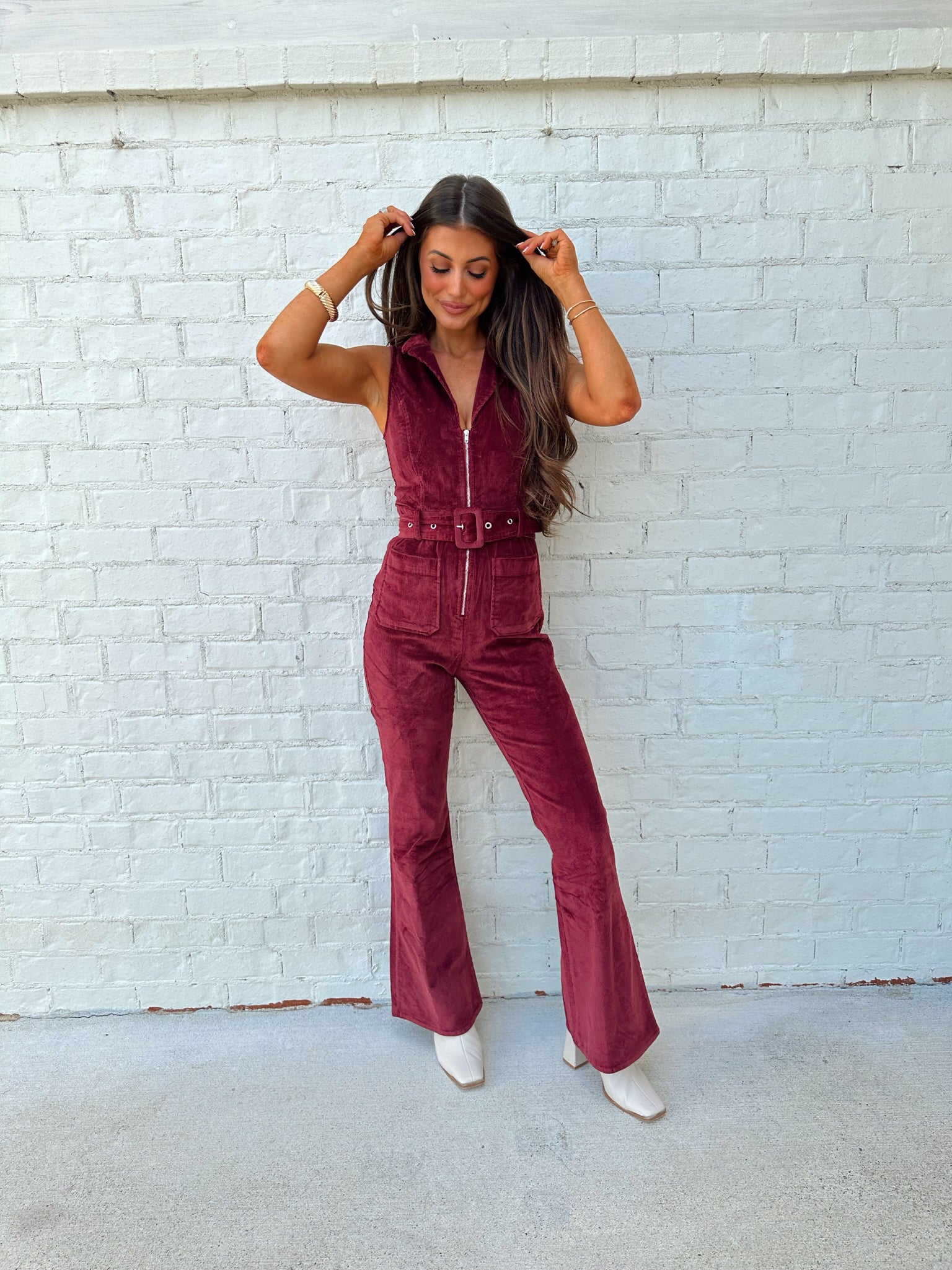 Sleeveless Corduroy Jumpsuit-Wine