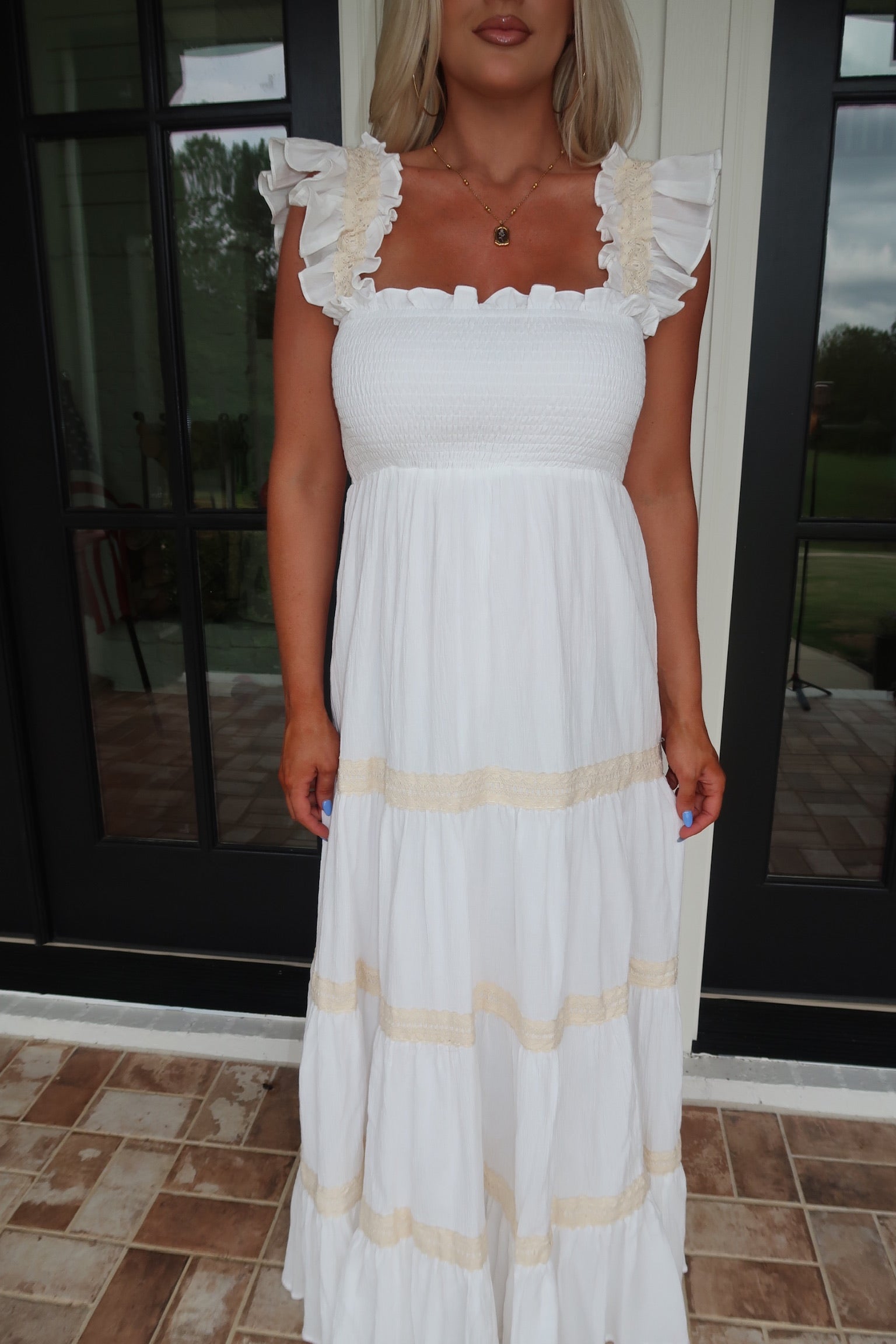 Smocked Ruffle Midi Dress-Off White