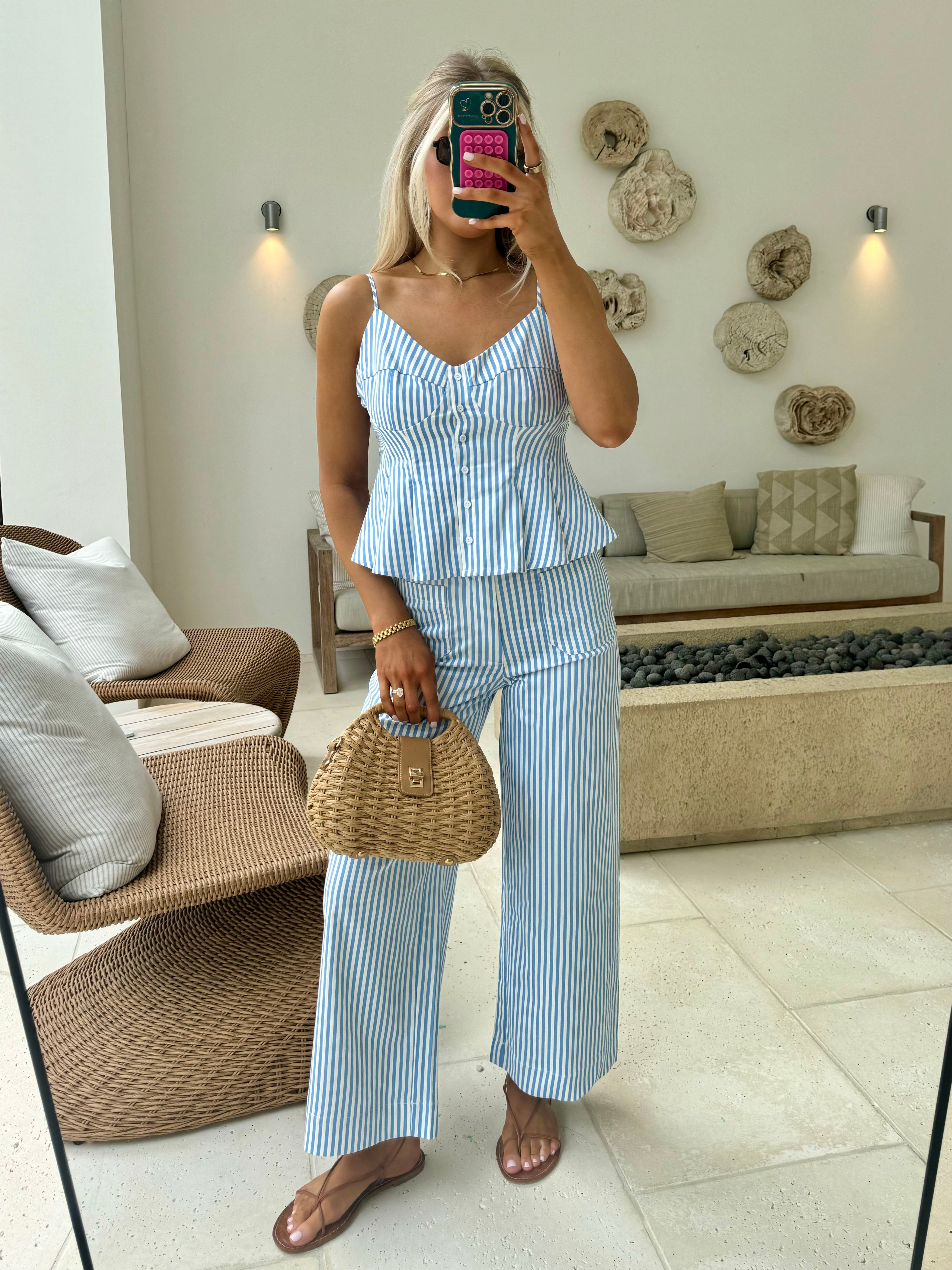 Rosemary Striped Pants Set-Light Blue