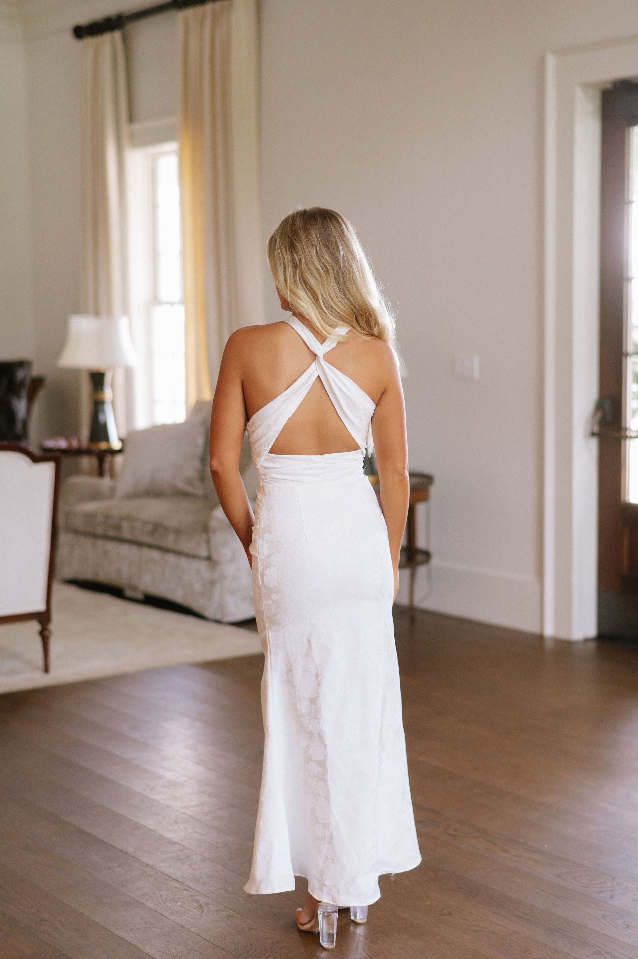 Plunge Neck Embroidered Maxi Dress-White