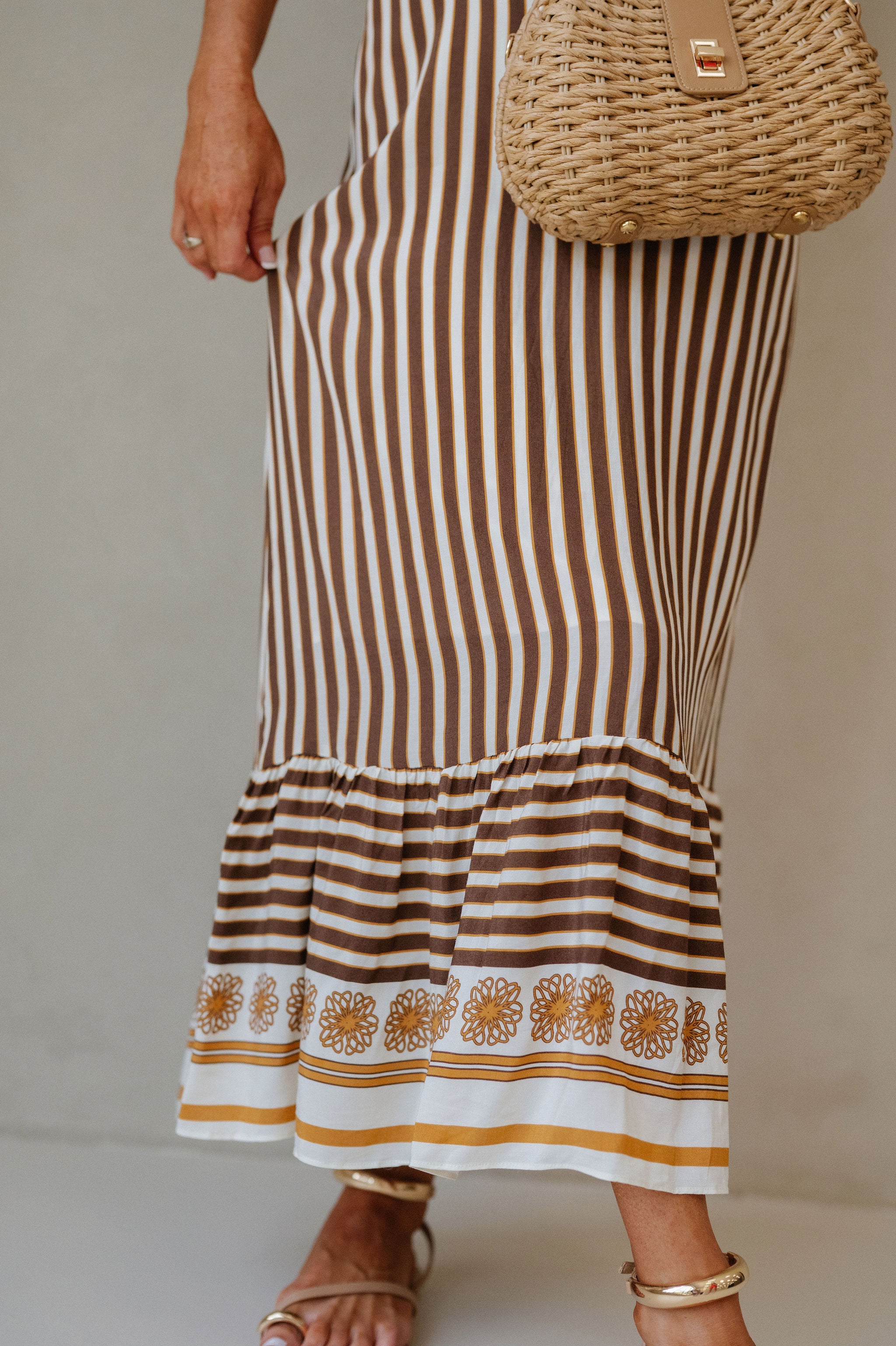 Selena Stripe Dress-Cream/Brown