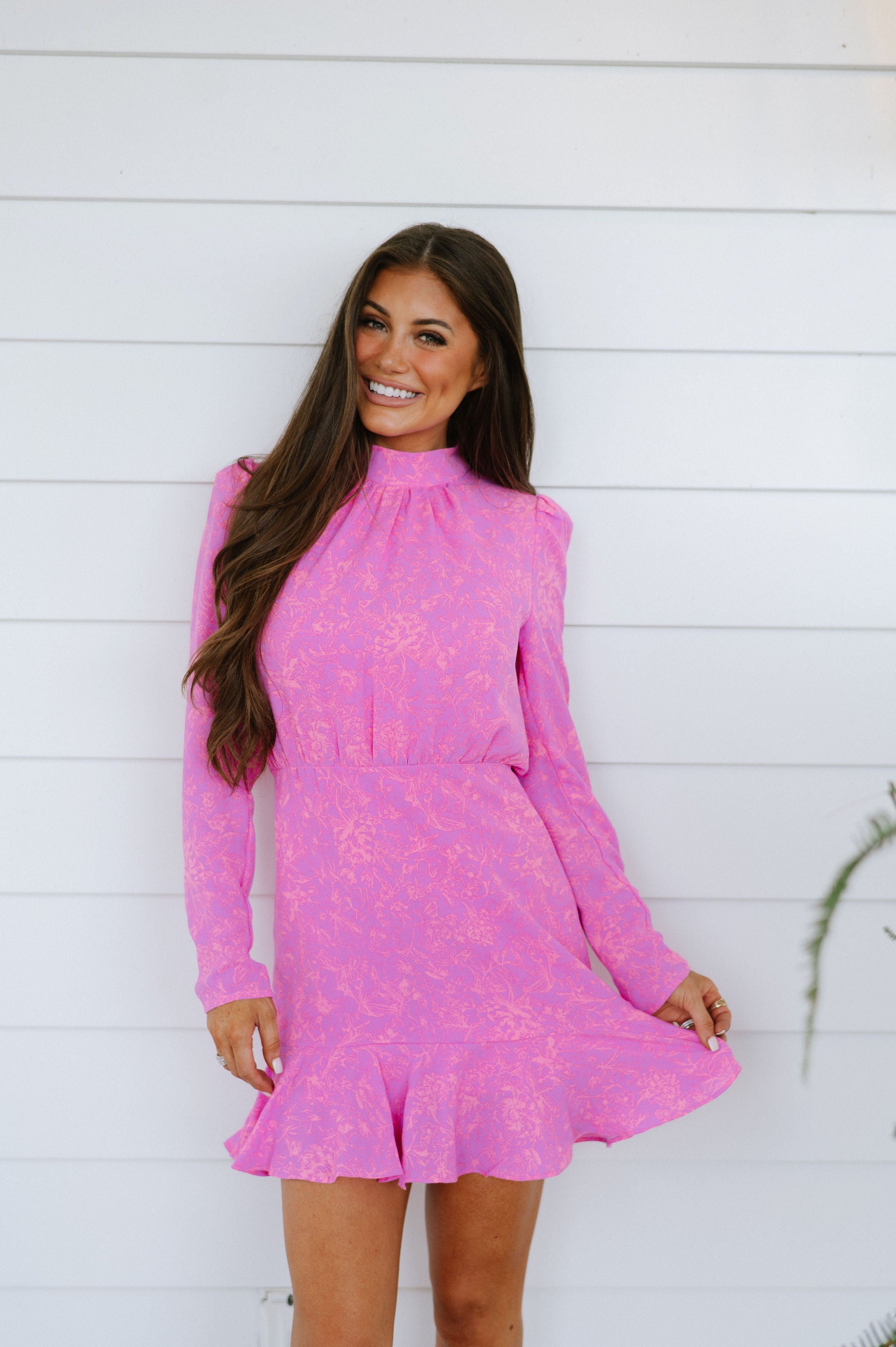 Flounced Hem Floral Dress- Pink