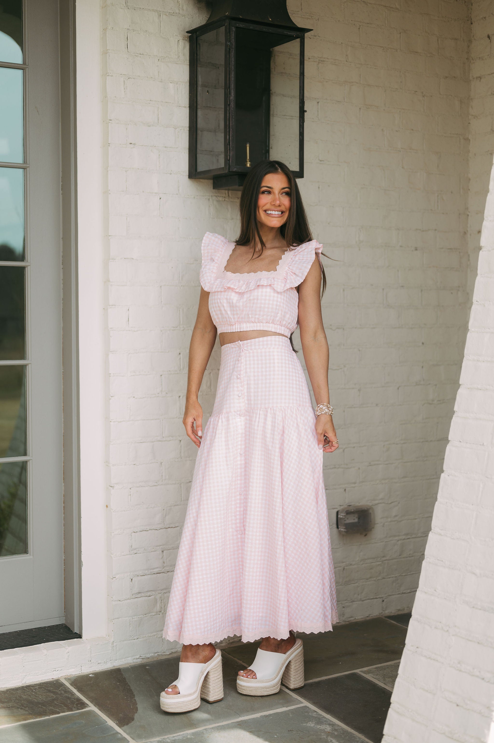 Gingham Print Midi Skirt Set- Pink