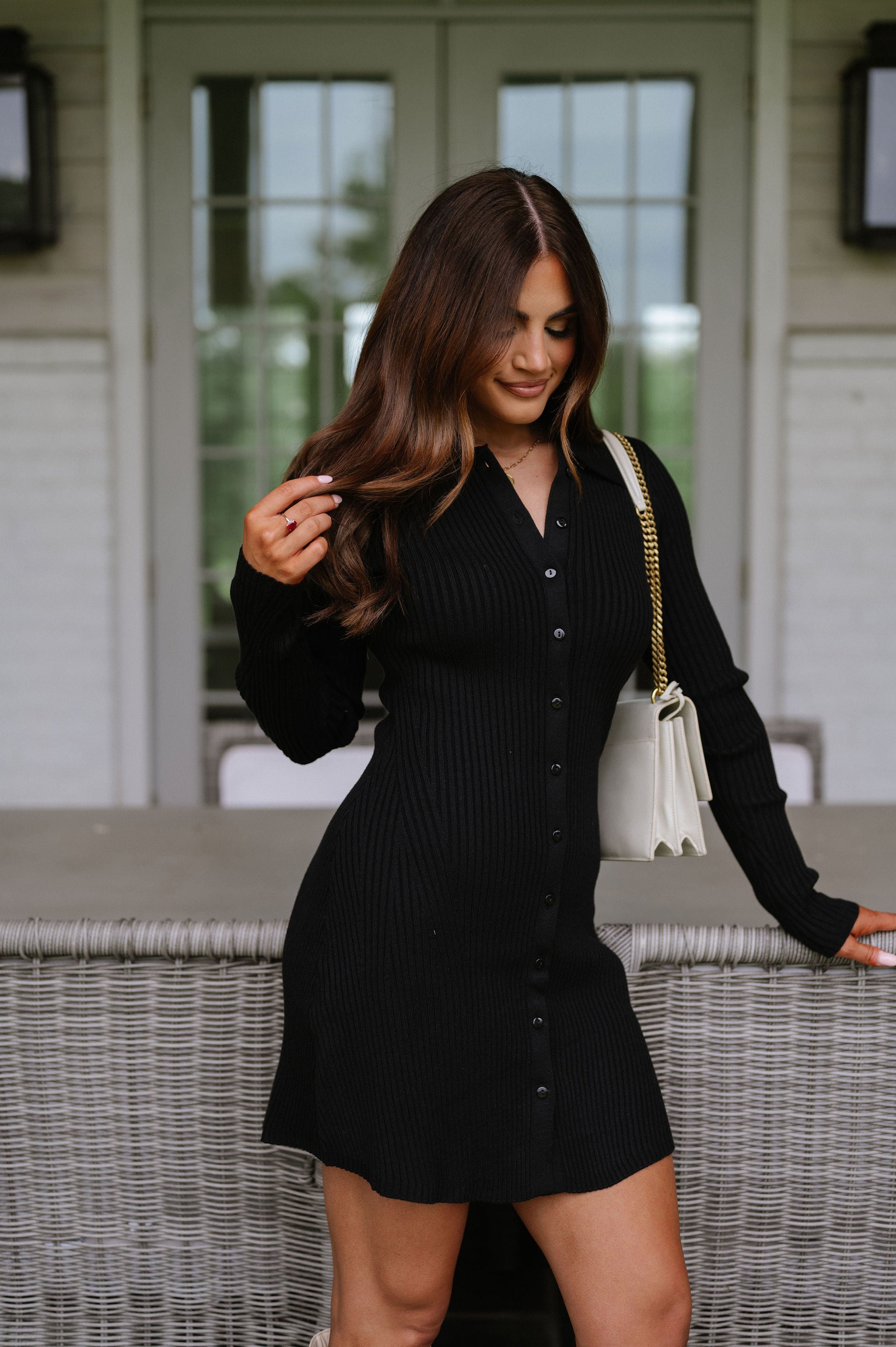 Button Front Knit Dress Black