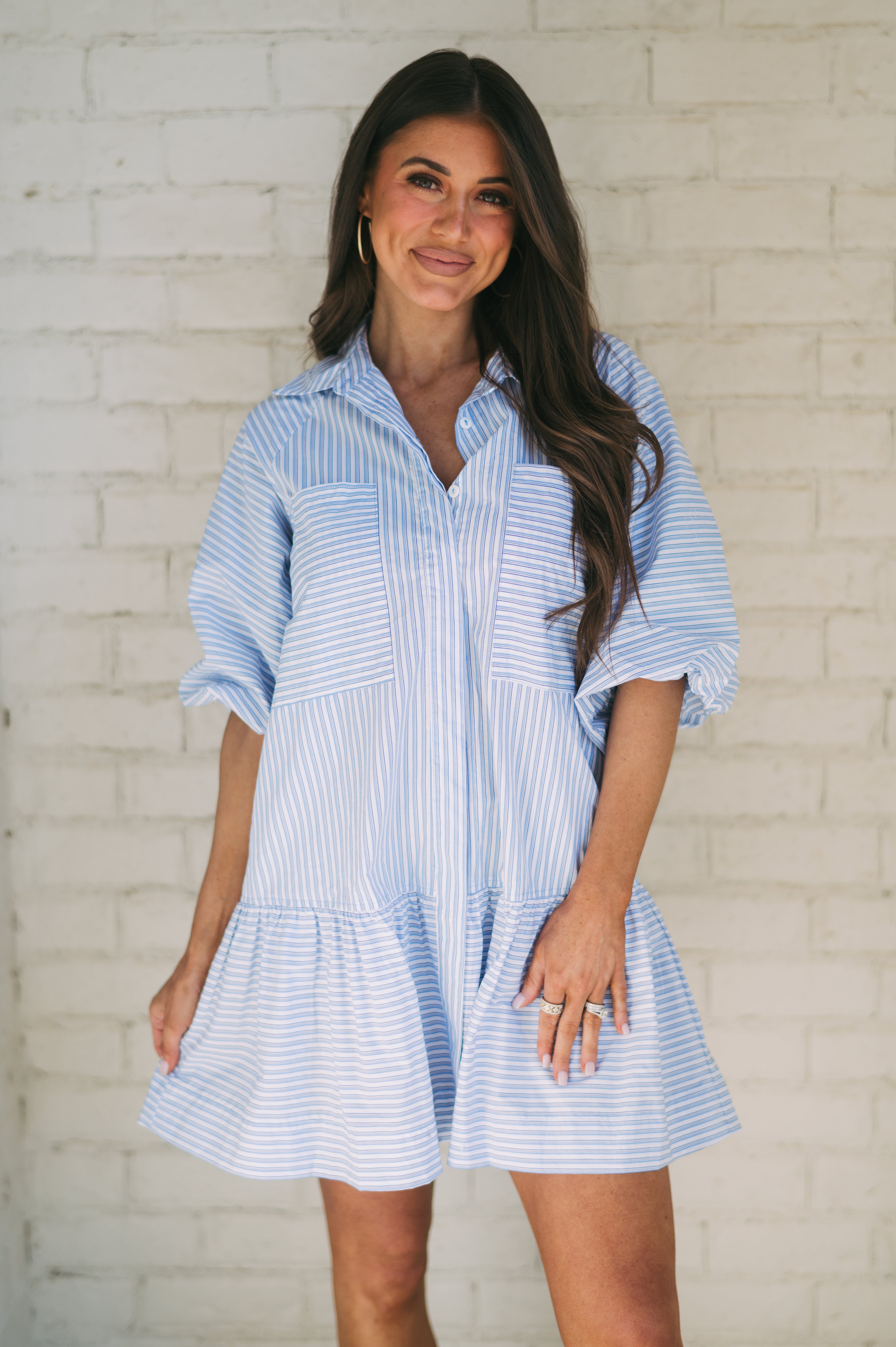 Sullivan Puff Sleeve Dress- Blue/White
