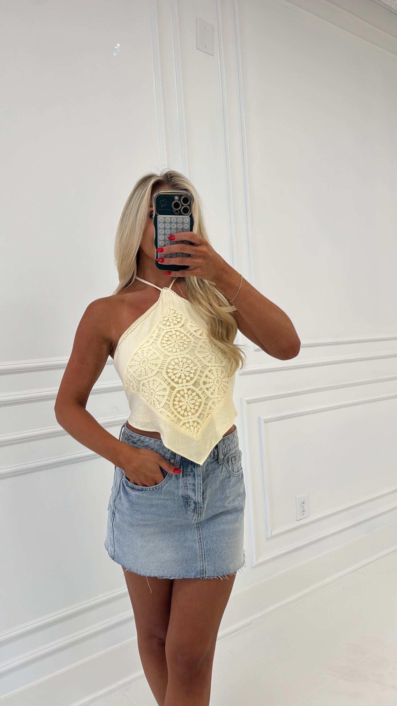 Crochet Halter Lace Trim Top-Butter