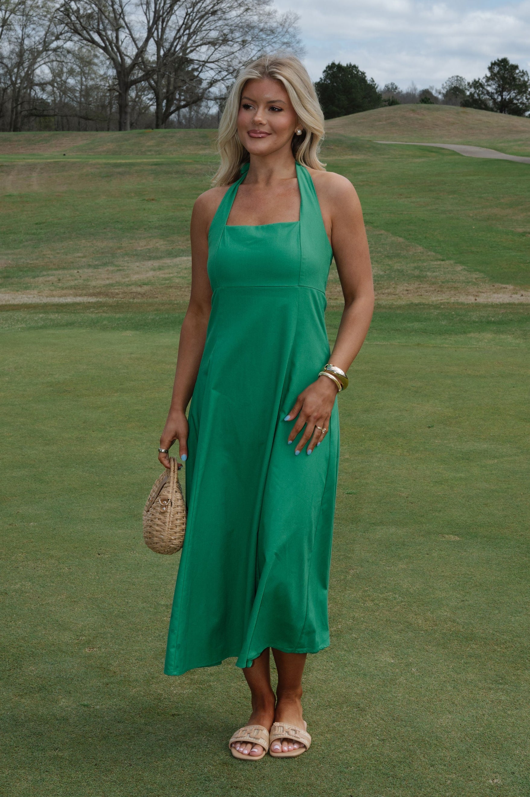 Jane Halter Midi Dress-Green