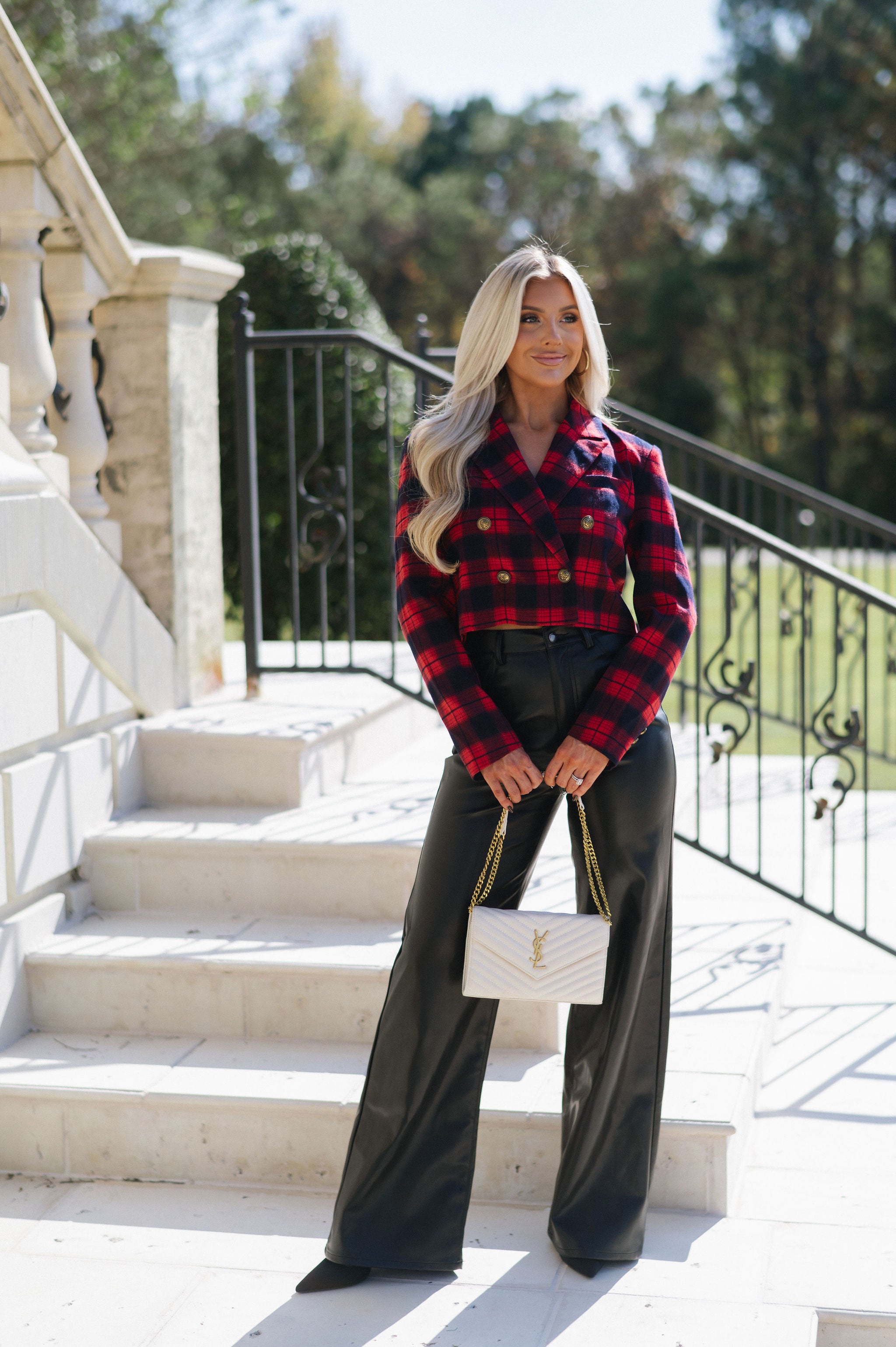 Cropped Plaid Blazer-Red Mix